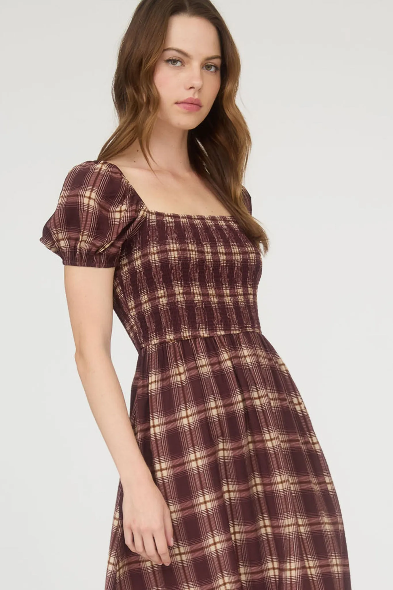 PLAID SMOCKED PUFF SLEEVE RUFFLE HEM MIDI DRESS sold by Blu Pepper