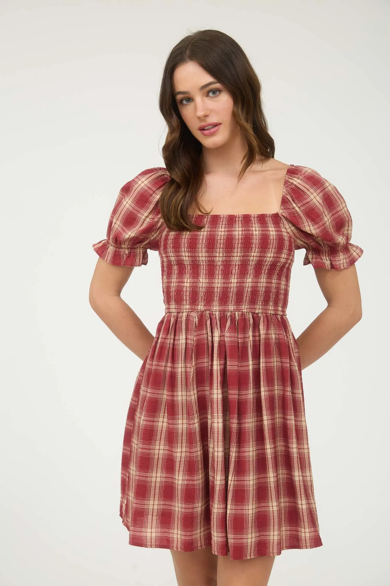 PLAID SMOCKED PUFF SLEEVE MIDI DRESS sold by Blu Pepper product image thumbnail 4