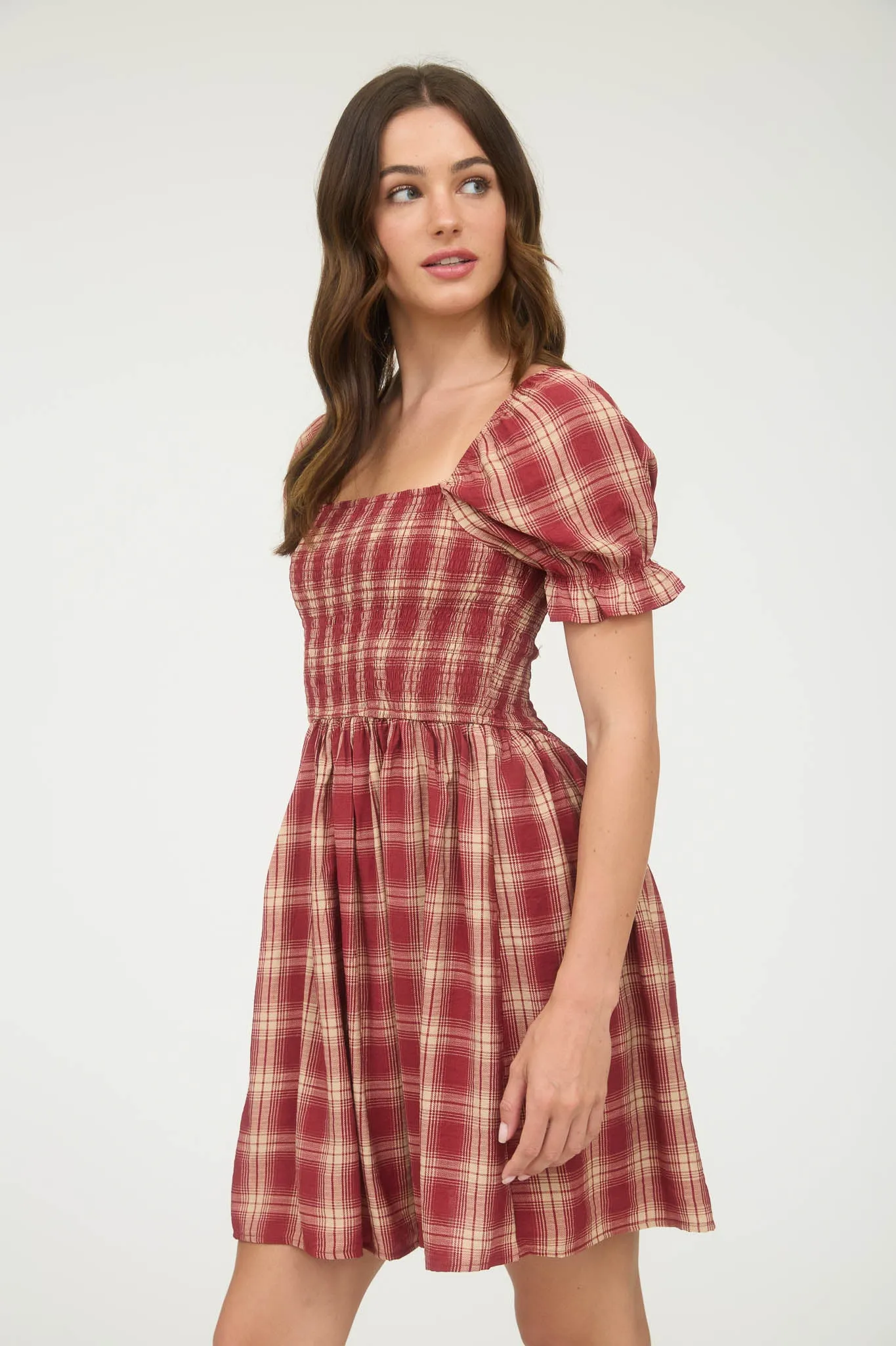 PLAID SMOCKED PUFF SLEEVE MIDI DRESS sold by Blu Pepper product image thumbnail 3