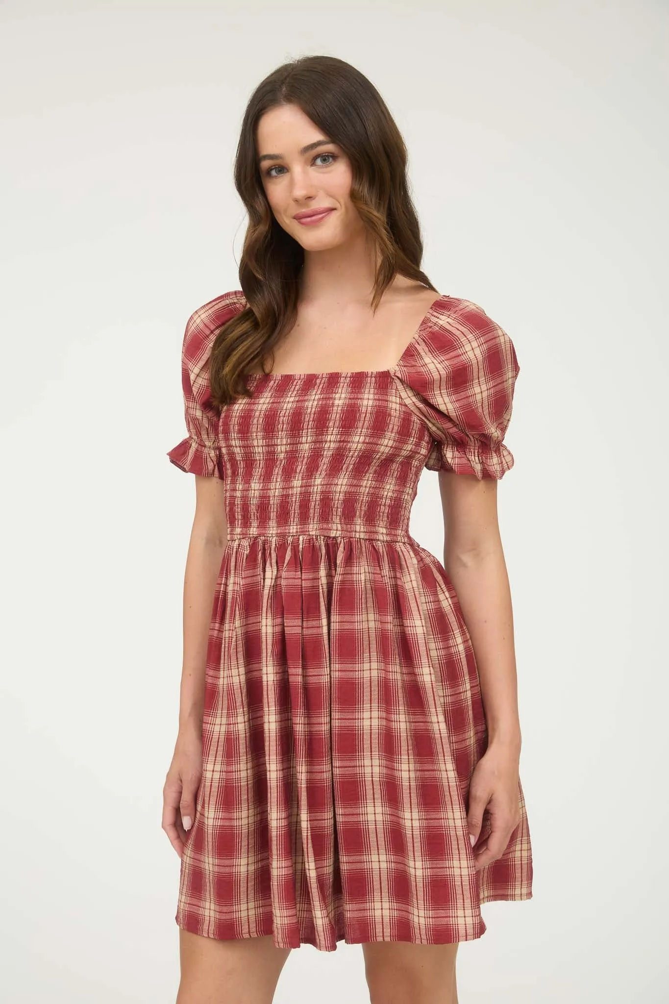 PLAID SMOCKED PUFF SLEEVE MIDI DRESS sold by Blu Pepper product image thumbnail 5