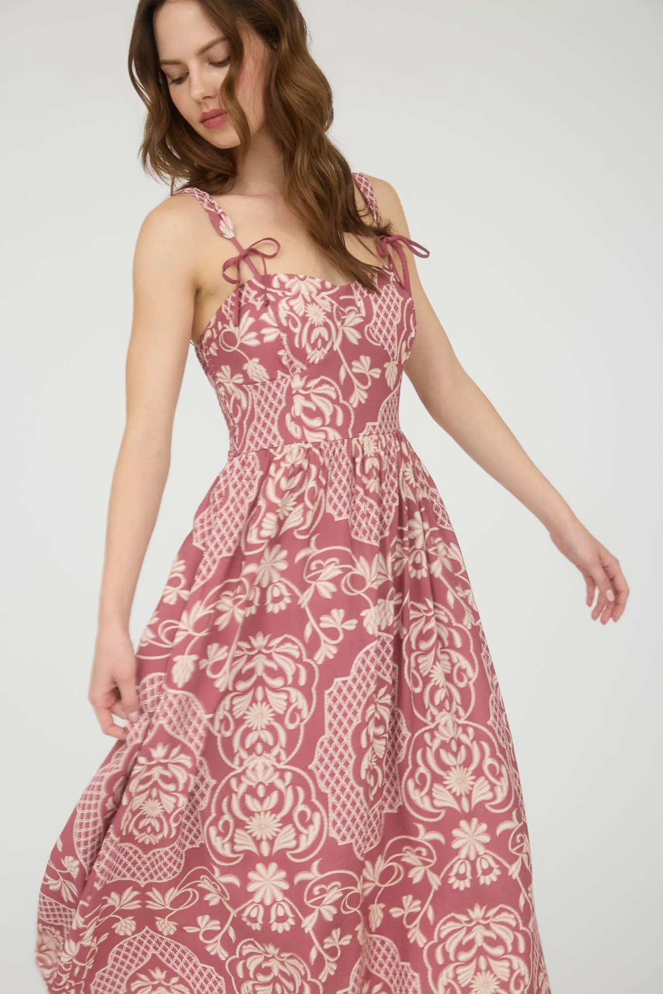FLORAL DAMASK BOW DETAIL SLEEVELESS MIDI DRESS sold by Blu Pepper product image thumbnail 4