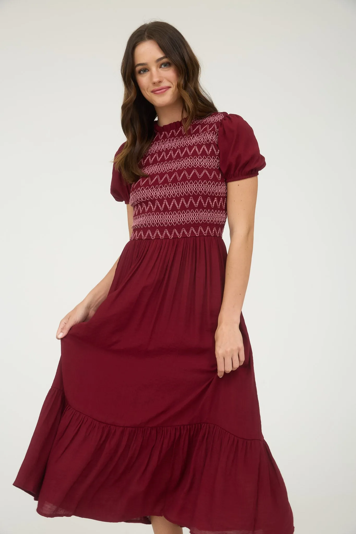 CONTRAST SMOCKED DETAIL PUFF SLEEVE MIDI DRESS sold by Blu Pepper product image thumbnail 4