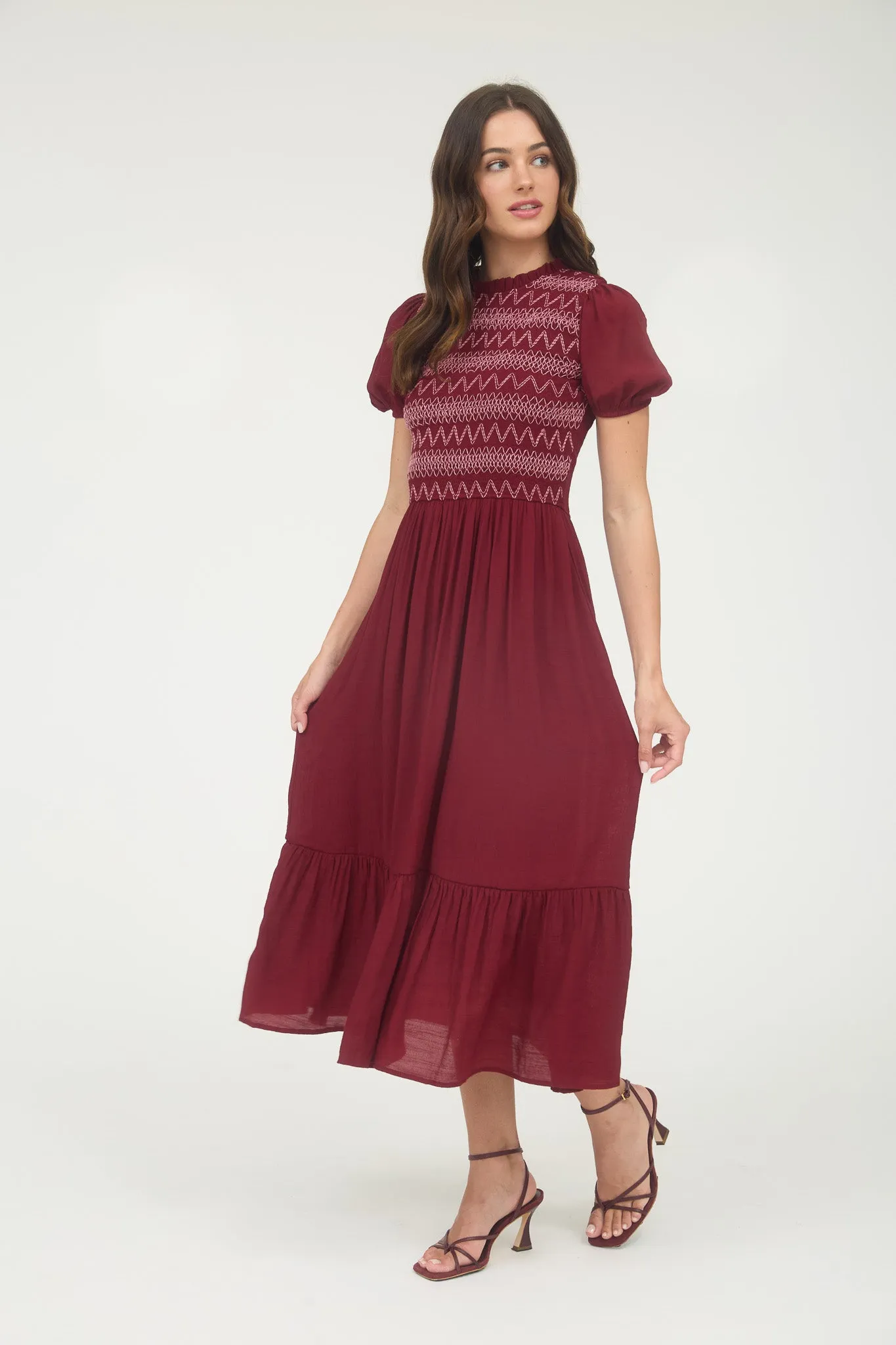 CONTRAST SMOCKED DETAIL PUFF SLEEVE MIDI DRESS sold by Blu Pepper product image thumbnail 3
