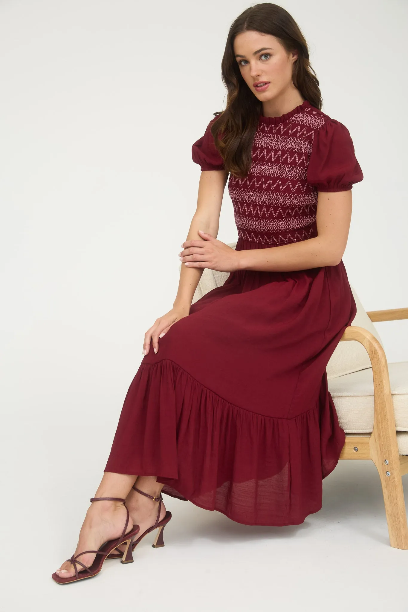 CONTRAST SMOCKED DETAIL PUFF SLEEVE MIDI DRESS sold by Blu Pepper