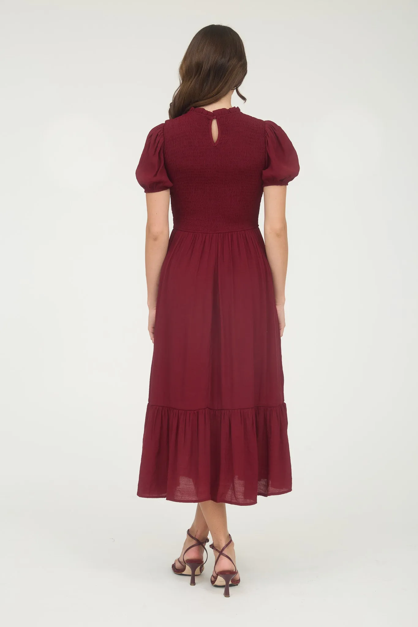 CONTRAST SMOCKED DETAIL PUFF SLEEVE MIDI DRESS sold by Blu Pepper product image thumbnail 2