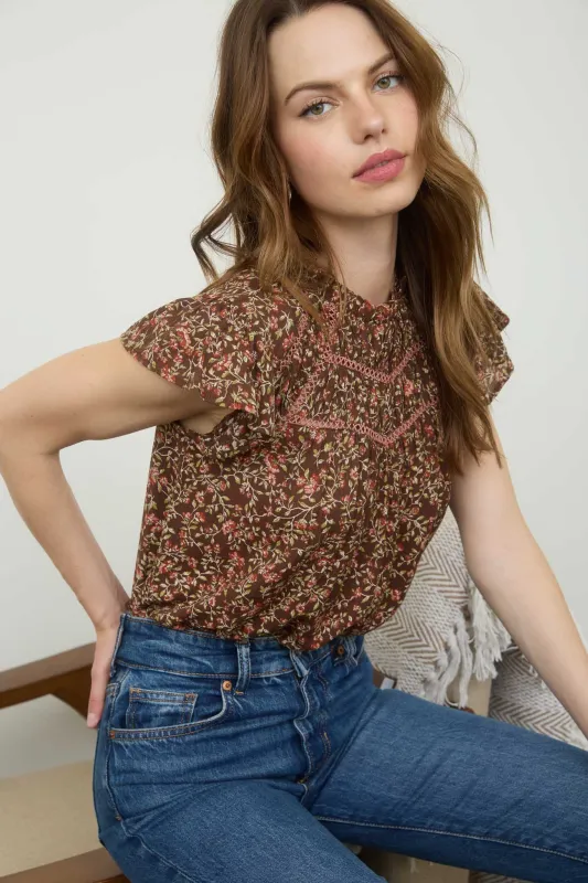 FLORAL LACE YOKE TRIM RUFFLE DETAIL SHORT SLEEVE TOP sold by Blu Pepper