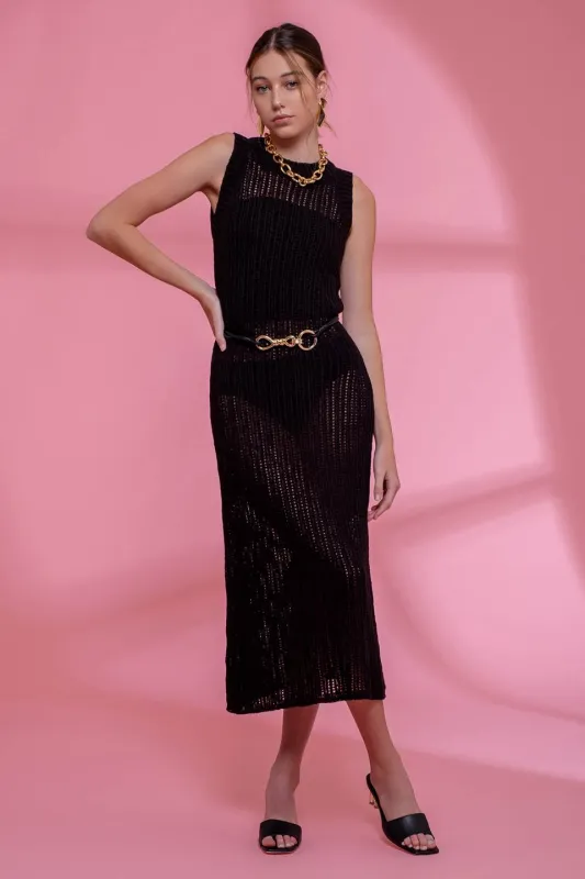 SHEER KNIT SLEEVELESS MIDI DRESS made by Blu Pepper