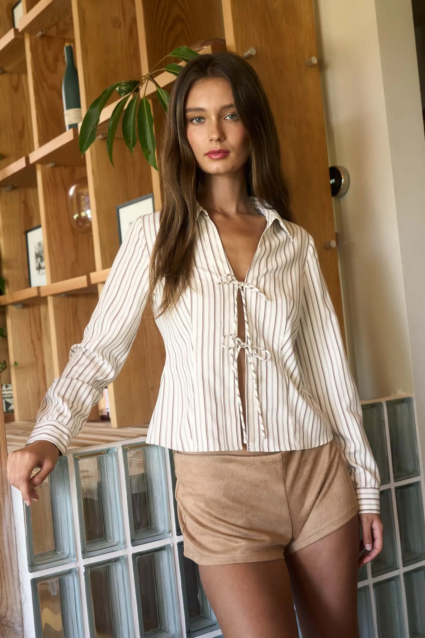 STRIPE COLLARED LONG SLEEVE FRONT TIE SHIRT sold by Blu Pepper product image thumbnail 5