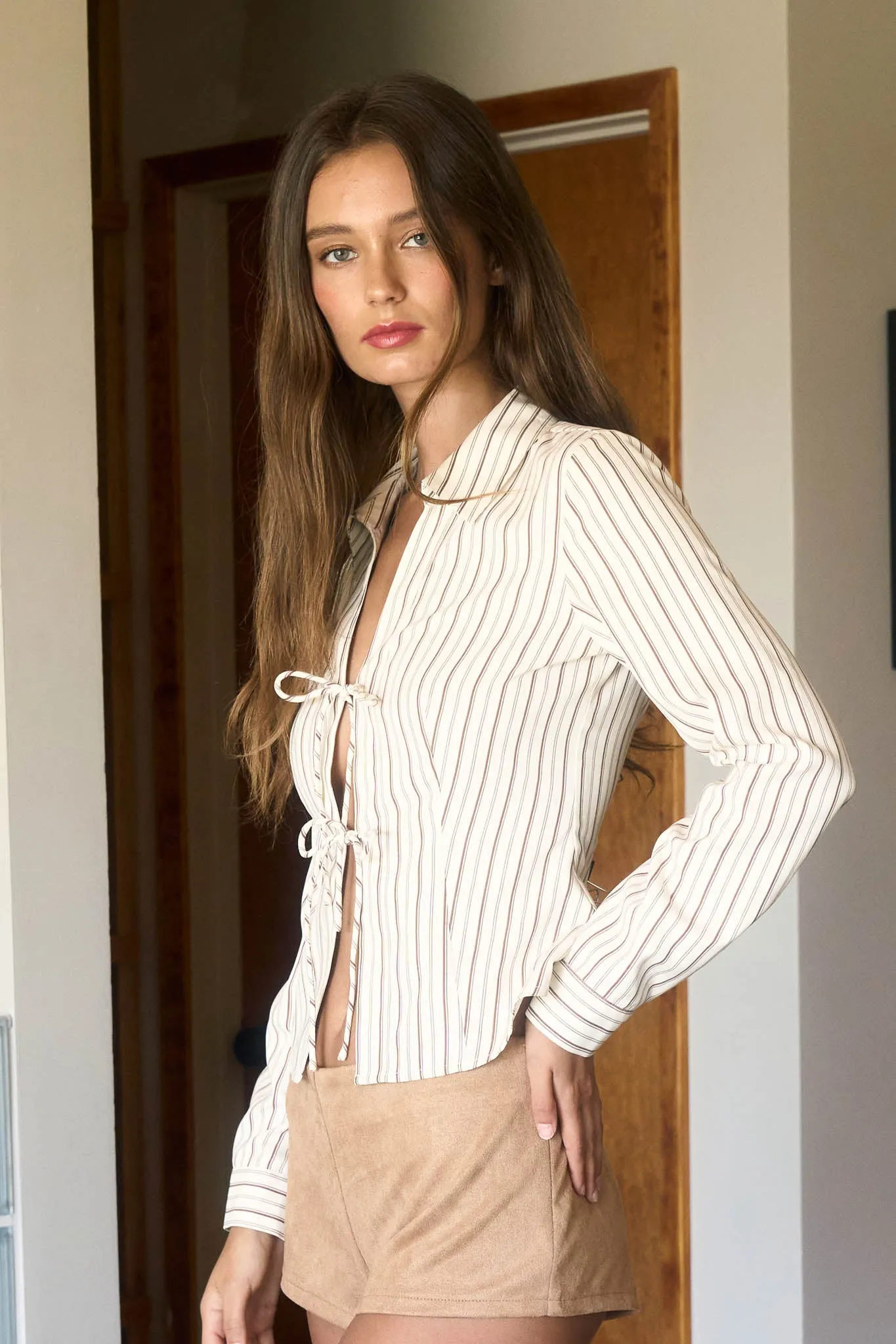 STRIPE COLLARED LONG SLEEVE FRONT TIE SHIRT sold by Blu Pepper product image thumbnail 3
