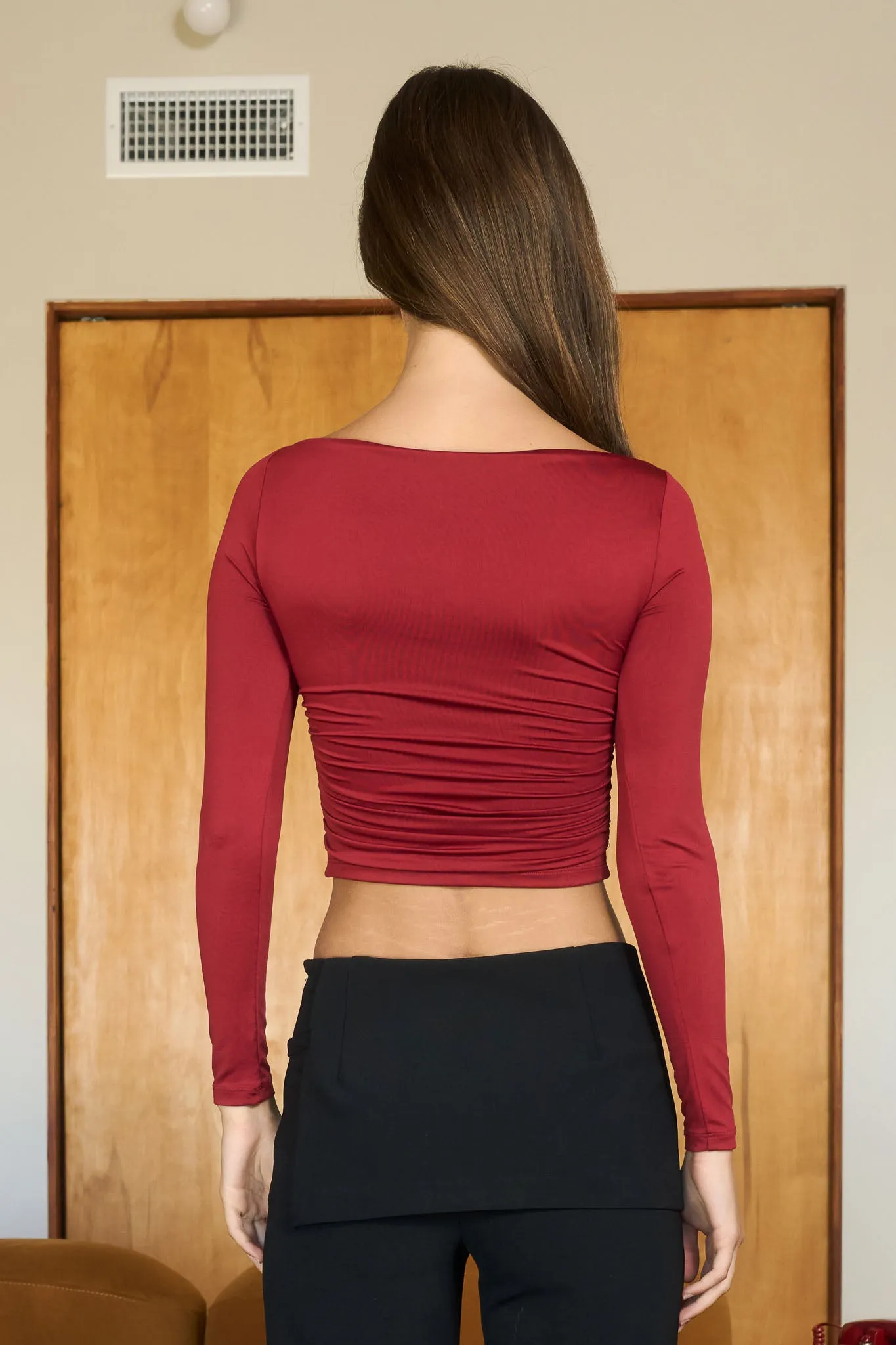 RUCHED BOAT NECK LONG SLEEVE KNIT CROP TOP sold by Blu Pepper product image thumbnail 2