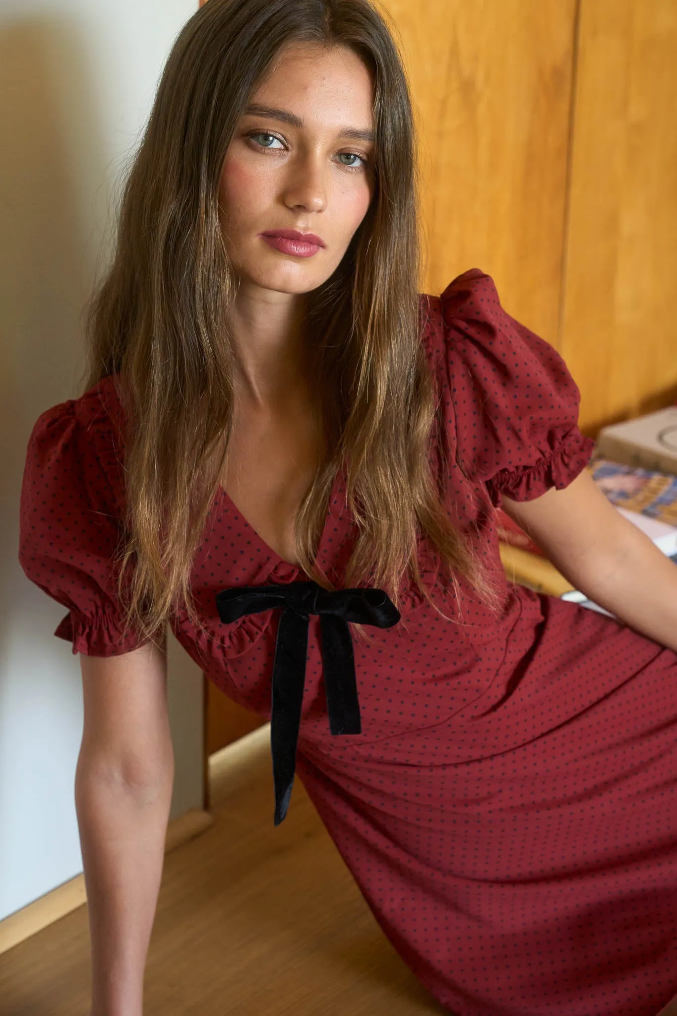 POLKA DOT COLLARED VELVET TIE MINI DRESS sold by Blu Pepper product image thumbnail 4