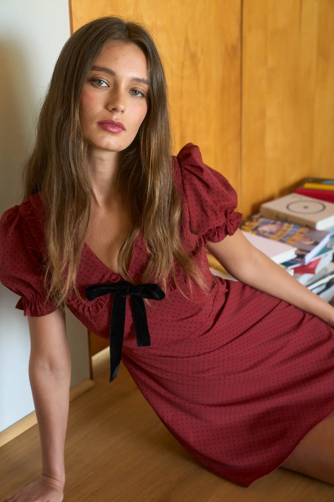 POLKA DOT COLLARED VELVET TIE MINI DRESS sold by Blu Pepper product image thumbnail 5