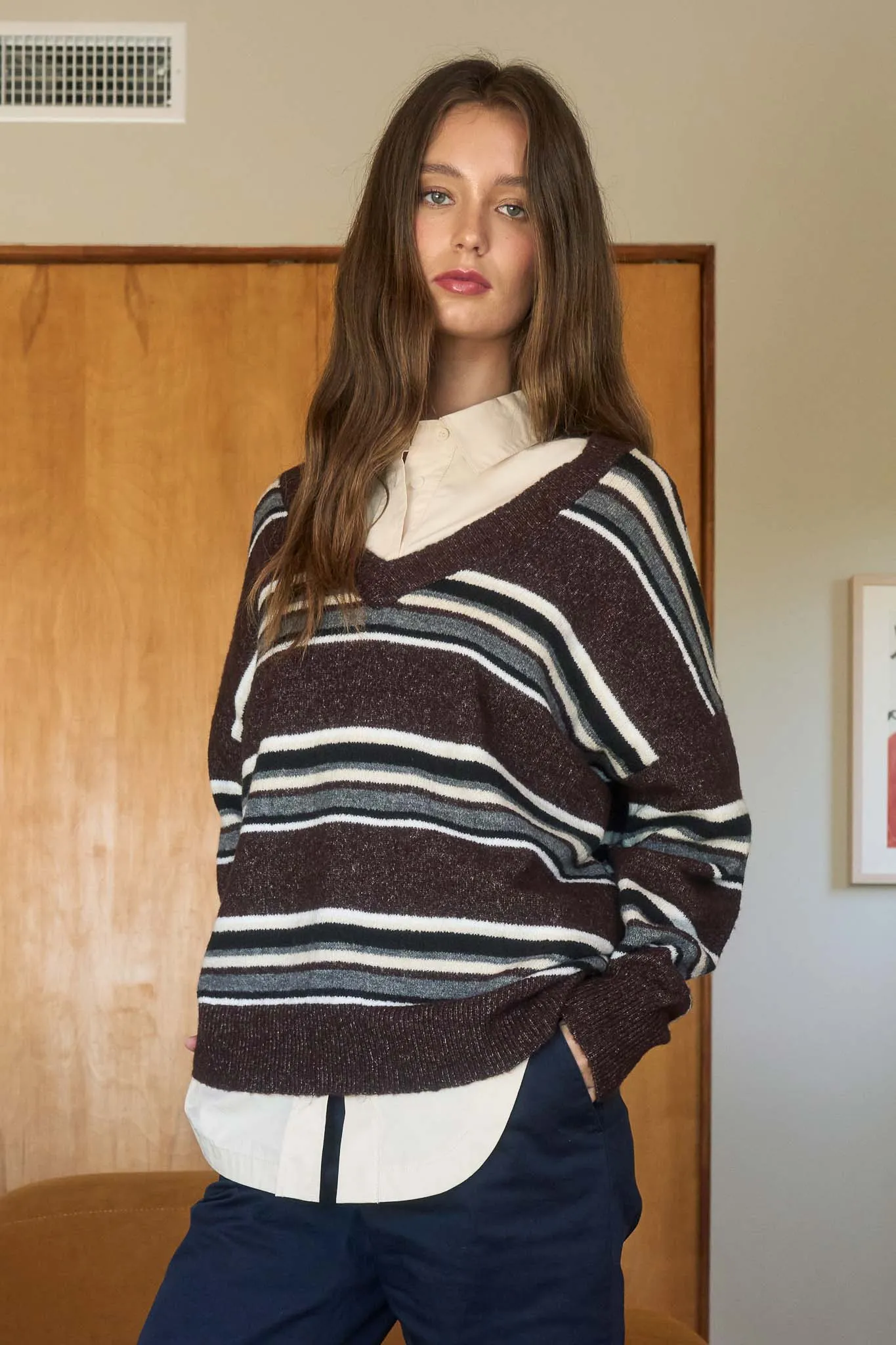 MULTICOLOR STRIPE V NECK LONG SLEEVE KNIT SWEATER sold by Blu Pepper product image thumbnail 3