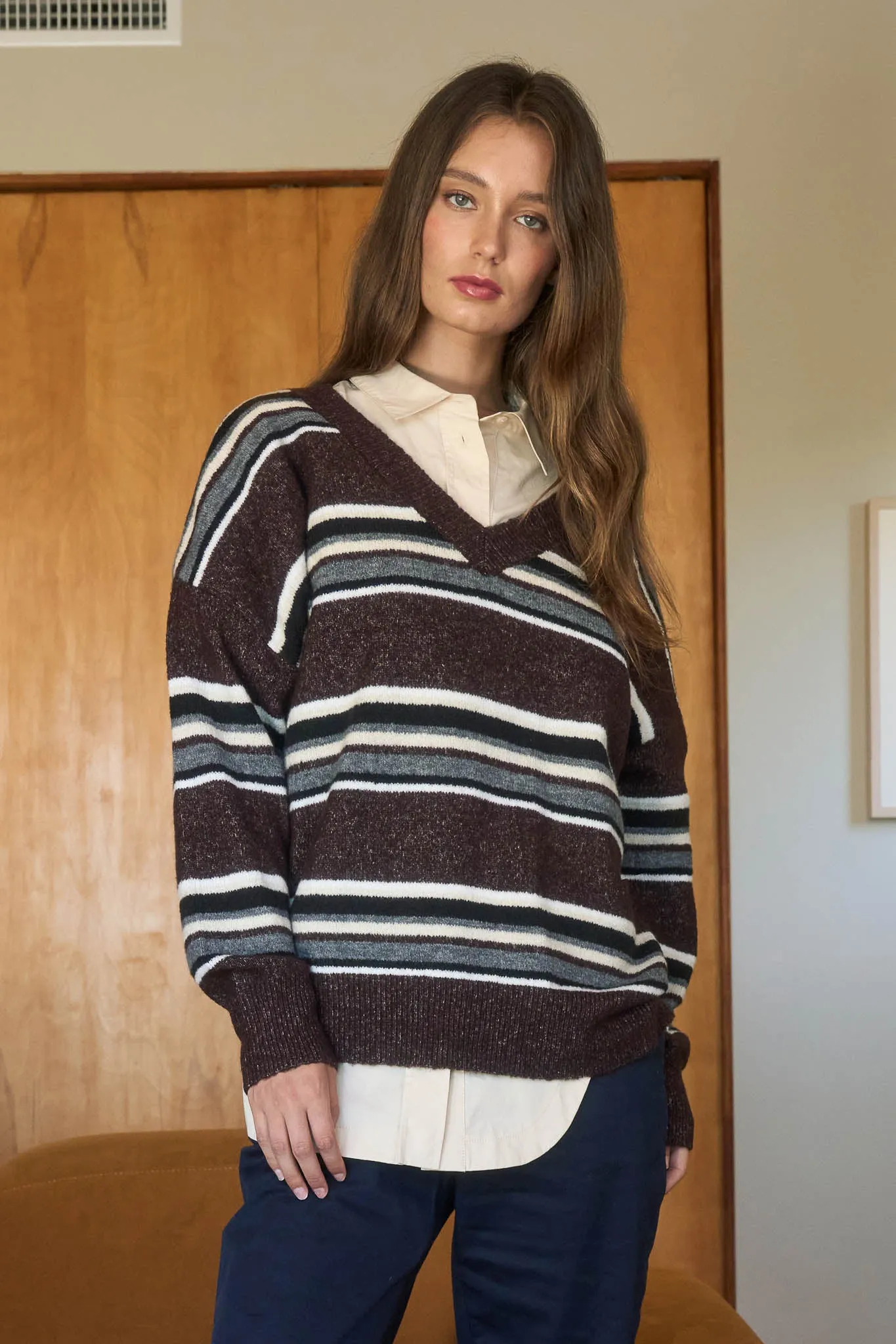 MULTICOLOR STRIPE V NECK LONG SLEEVE KNIT SWEATER sold by Blu Pepper product image thumbnail 4