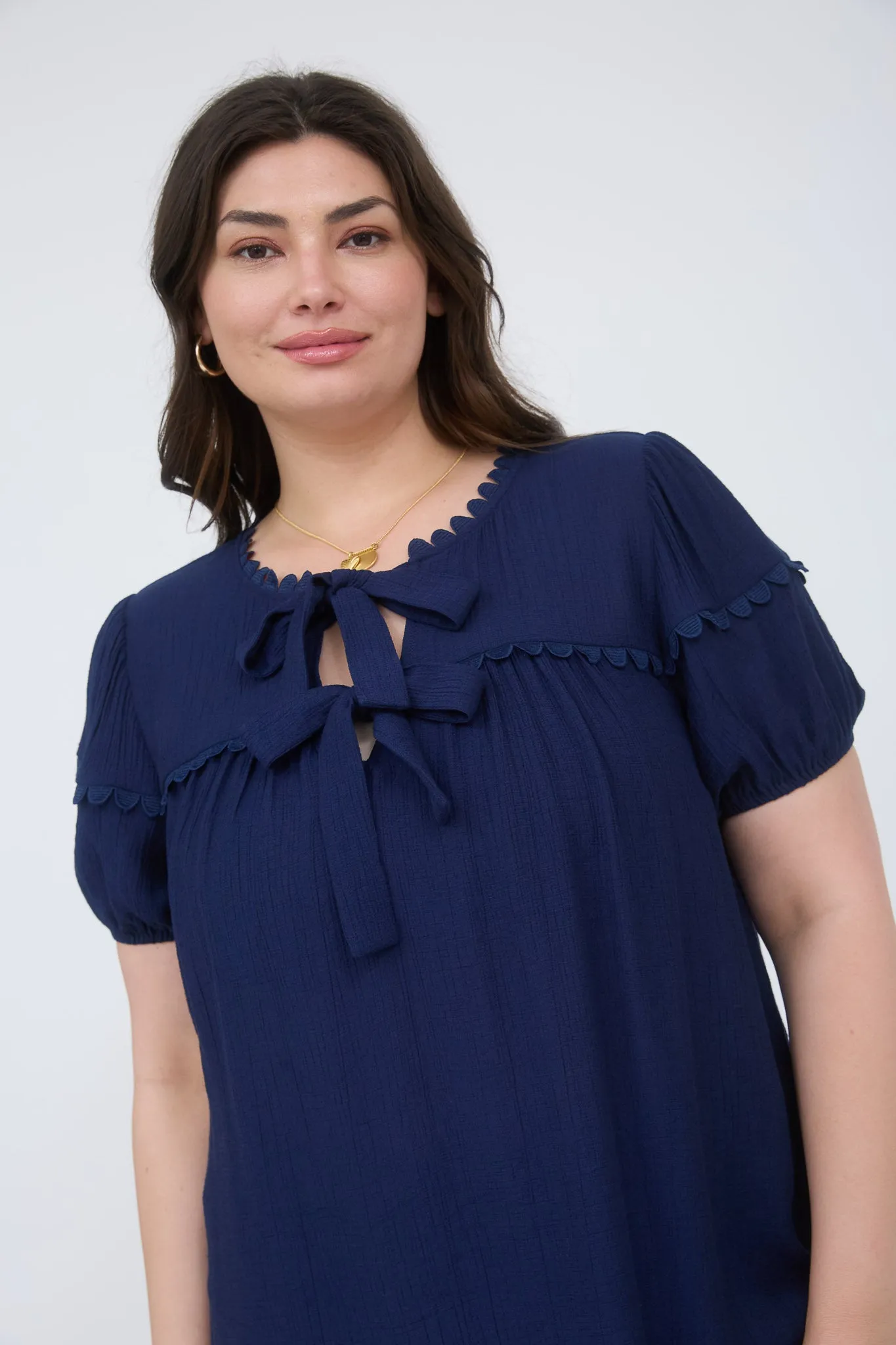 PLUS SCALLOP TRIM FRONT TIE DETAIL PUFF SLEEVE TOP sold by Blu Pepper product image thumbnail 5