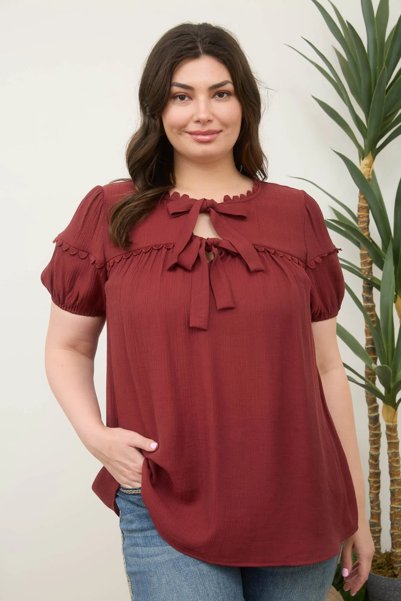 PLUS SCALLOP TRIM FRONT TIE DETAIL PUFF SLEEVE TOP sold by Blu Pepper product image thumbnail 4