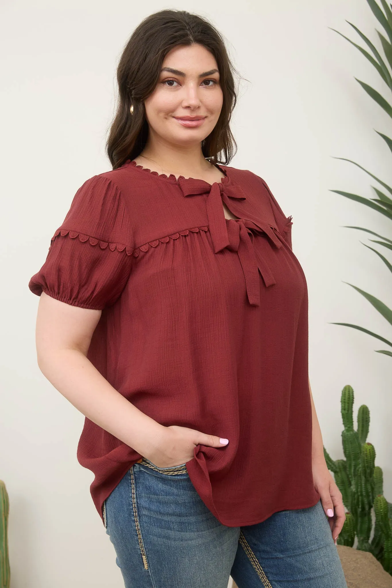 PLUS SCALLOP TRIM FRONT TIE DETAIL PUFF SLEEVE TOP sold by Blu Pepper product image thumbnail 3