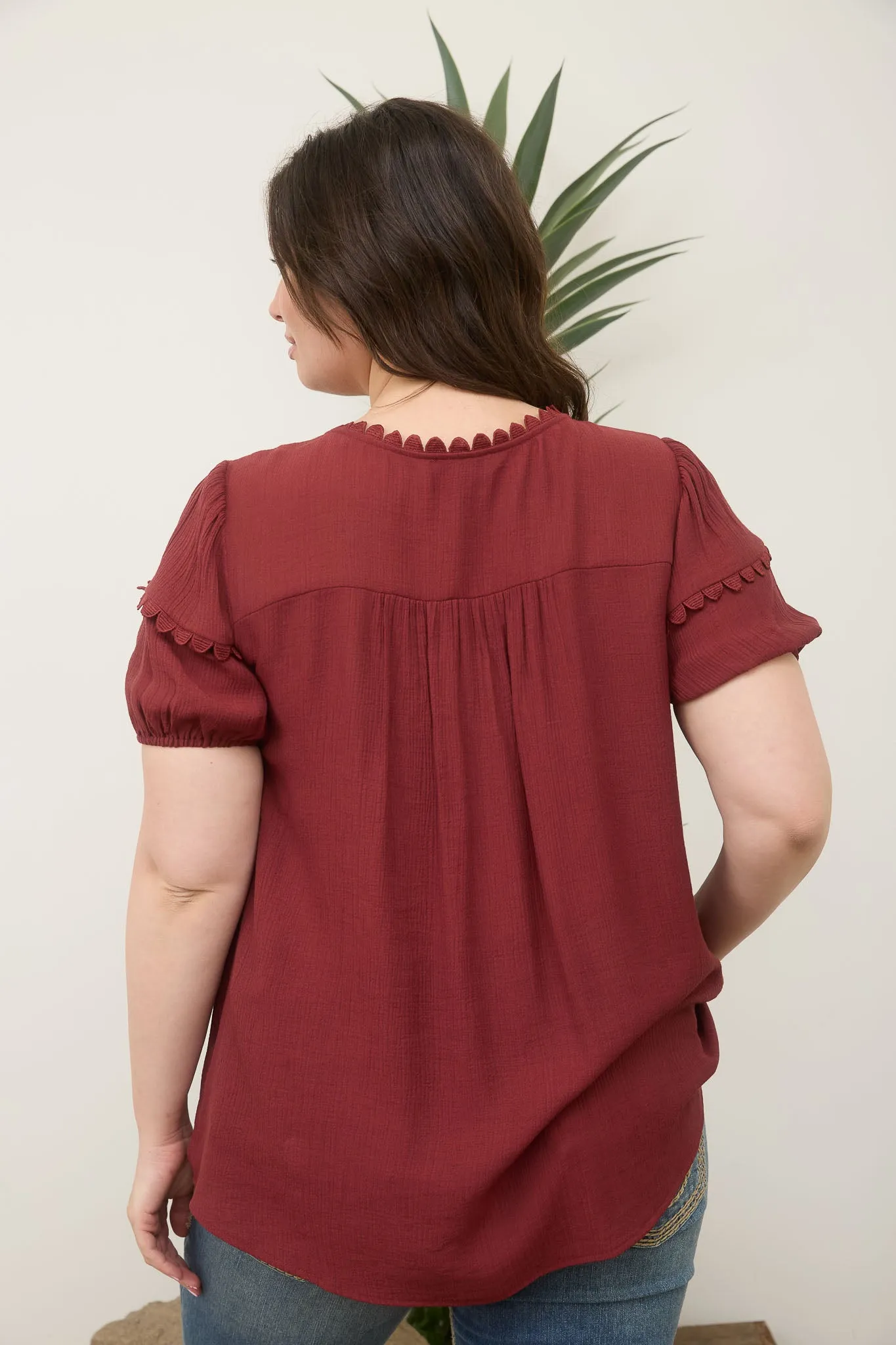 PLUS SCALLOP TRIM FRONT TIE DETAIL PUFF SLEEVE TOP sold by Blu Pepper product image thumbnail 2