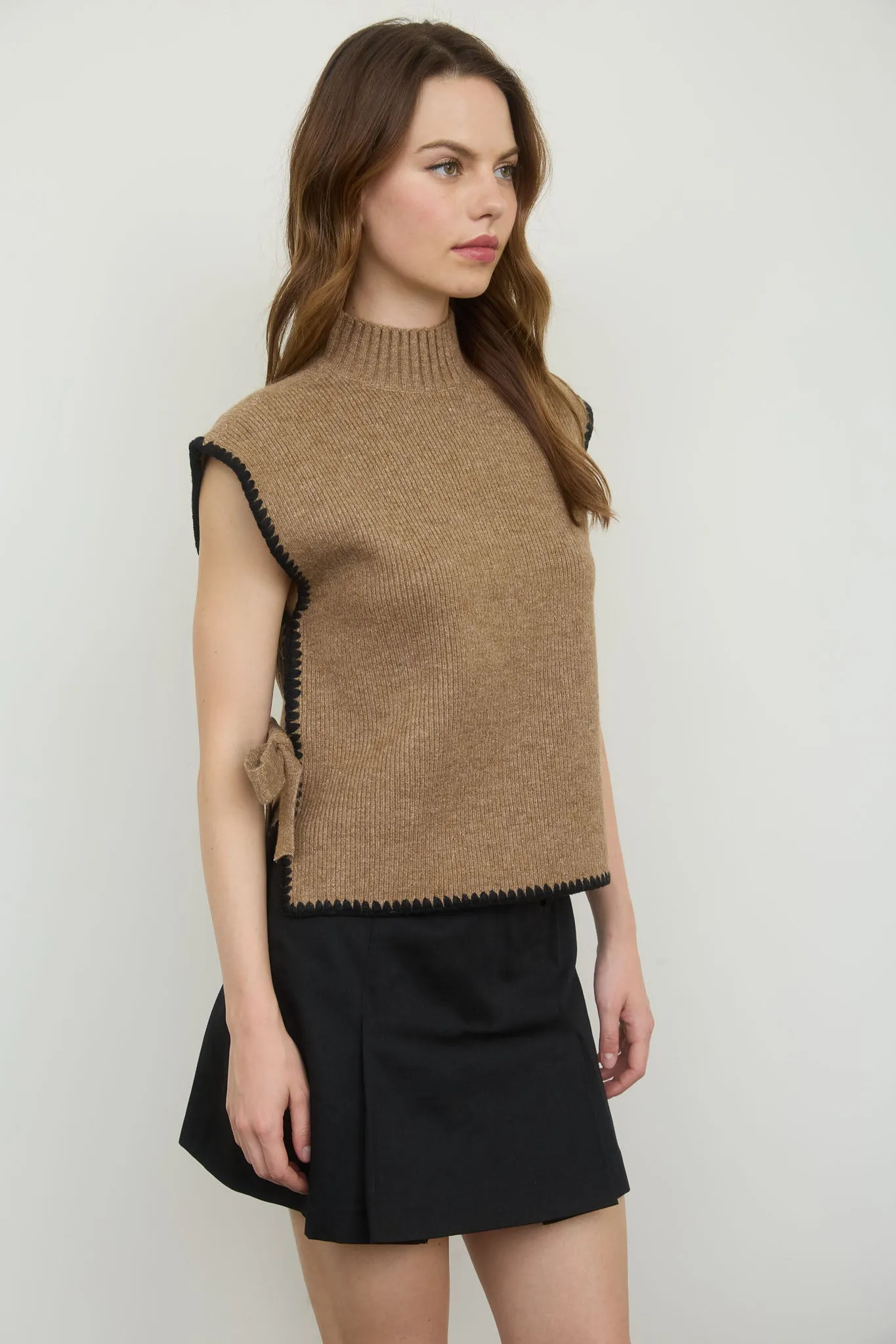 MOCK NECK CONTRAST STITCH SIDE TIE SWEATER TOP sold by Blu Pepper product image thumbnail 3