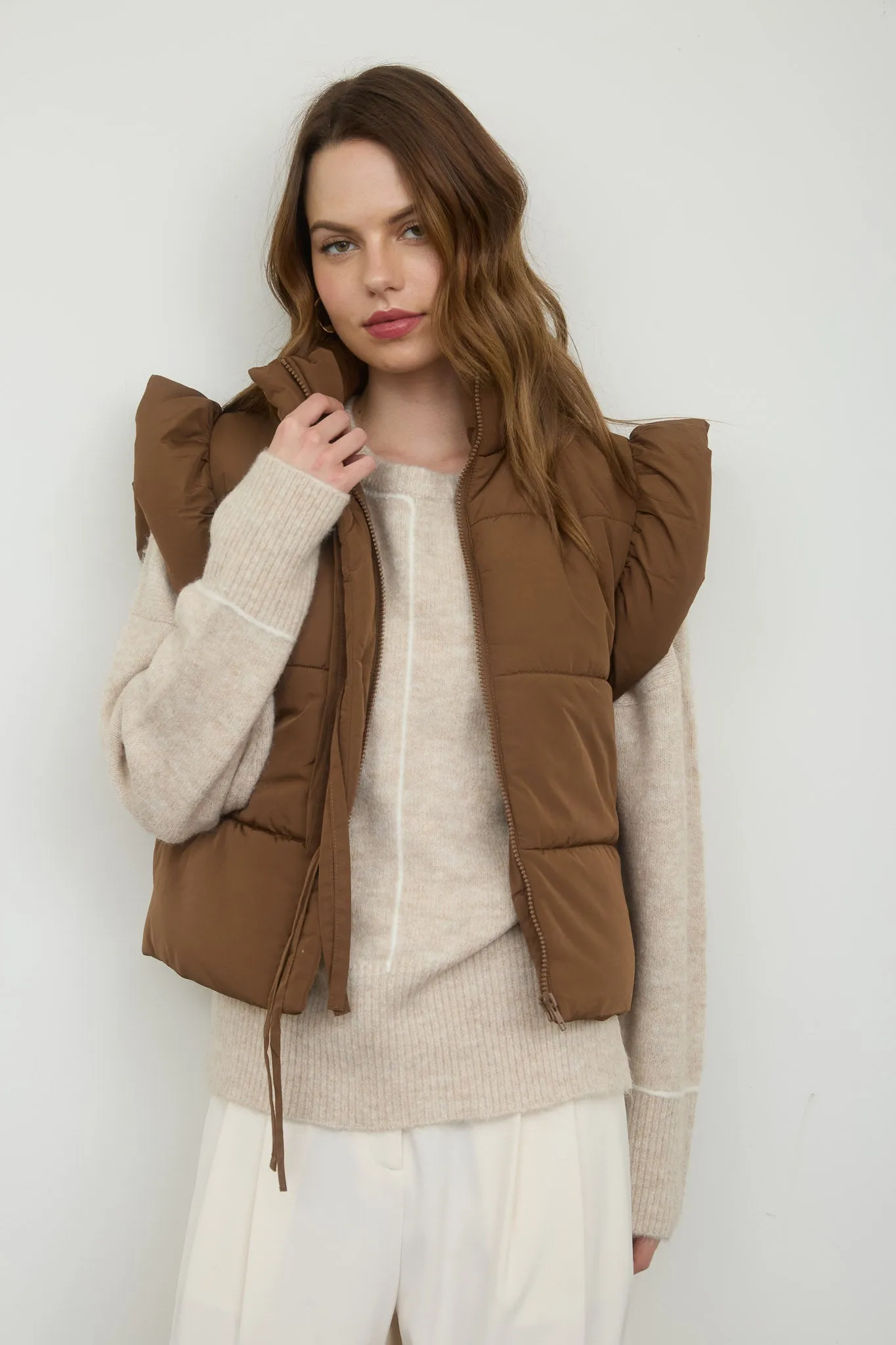 FLUTTER SLEEVE BOW DETAIL ZIP-UP PUFFER VEST sold by Blu Pepper product image thumbnail 5
