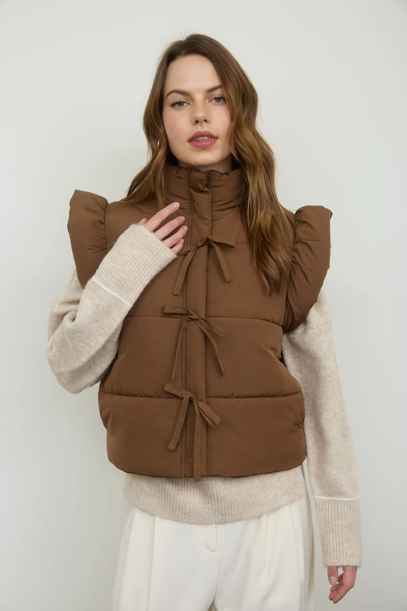FLUTTER SLEEVE BOW DETAIL ZIP-UP PUFFER VEST sold by Blu Pepper product image thumbnail 4