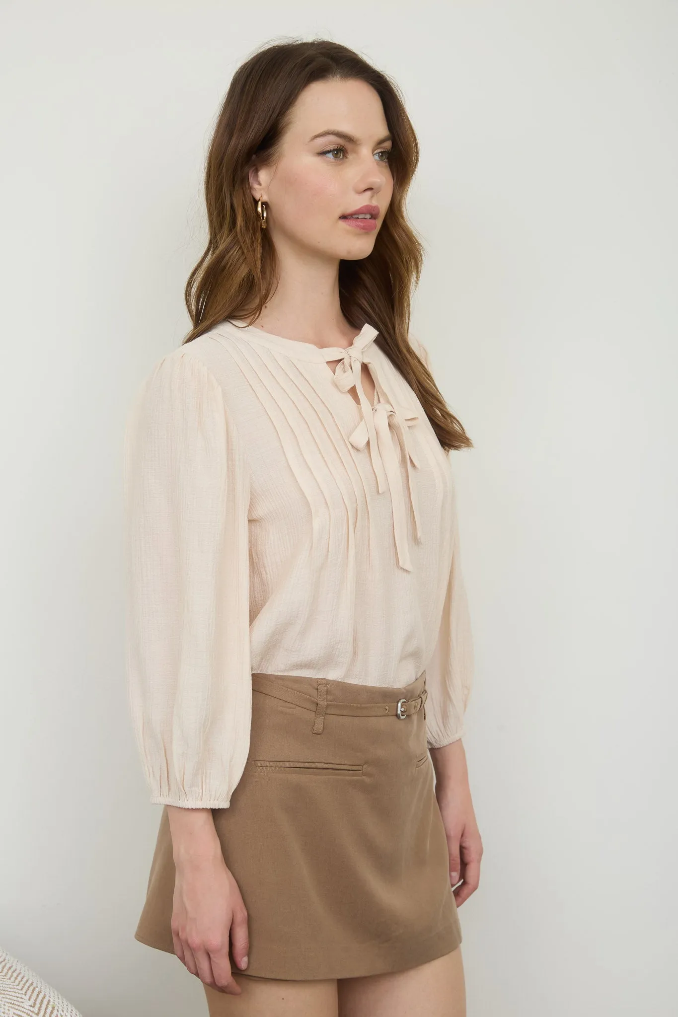 FRONT TIE PLEATED FRONT 3/4 SLEEVE TOP sold by Blu Pepper product image thumbnail 3