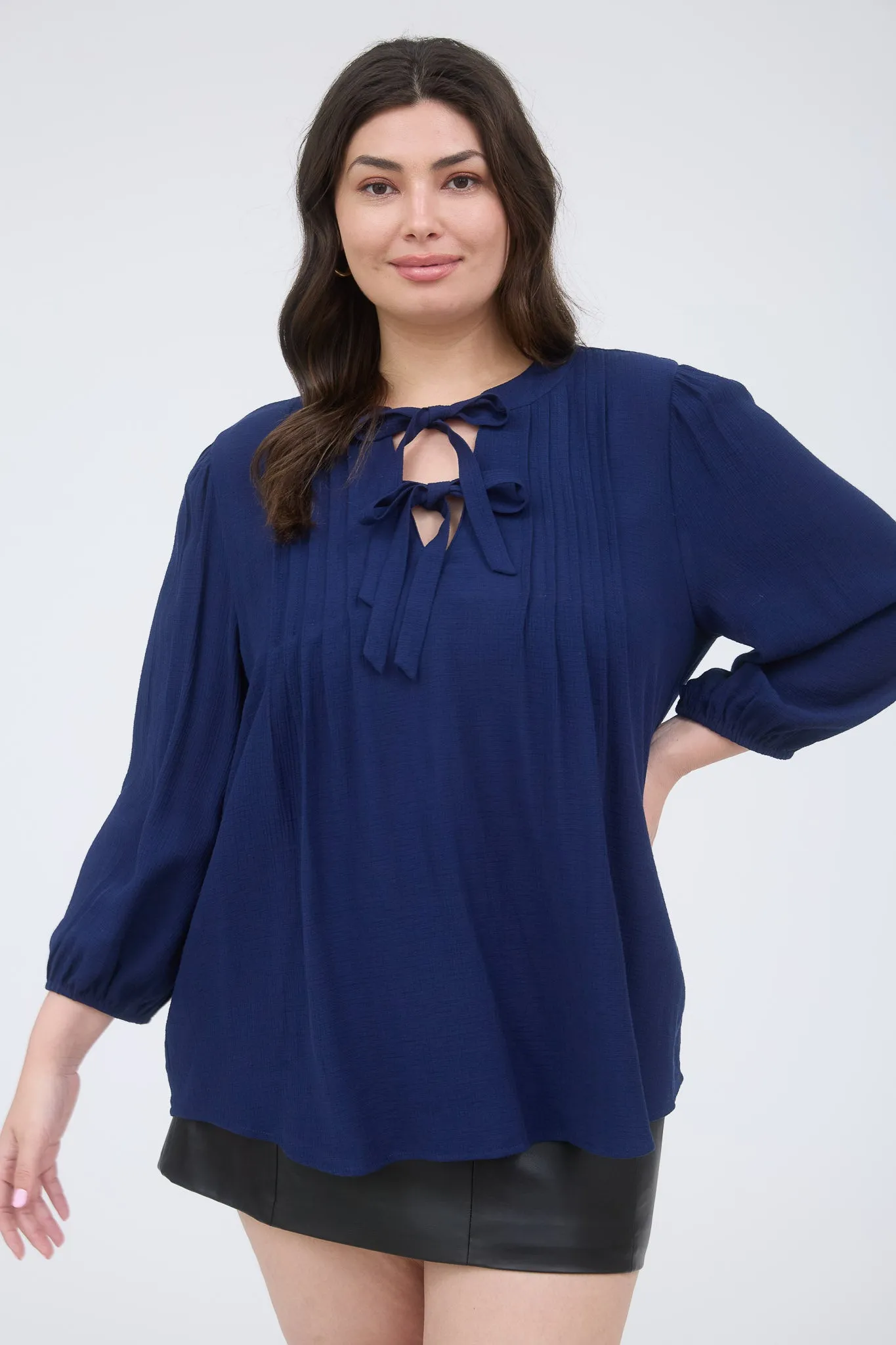 PLUS FRONT TIE PLEATED FRONT 3/4 SLEEVE TOP sold by Blu Pepper product image thumbnail 5