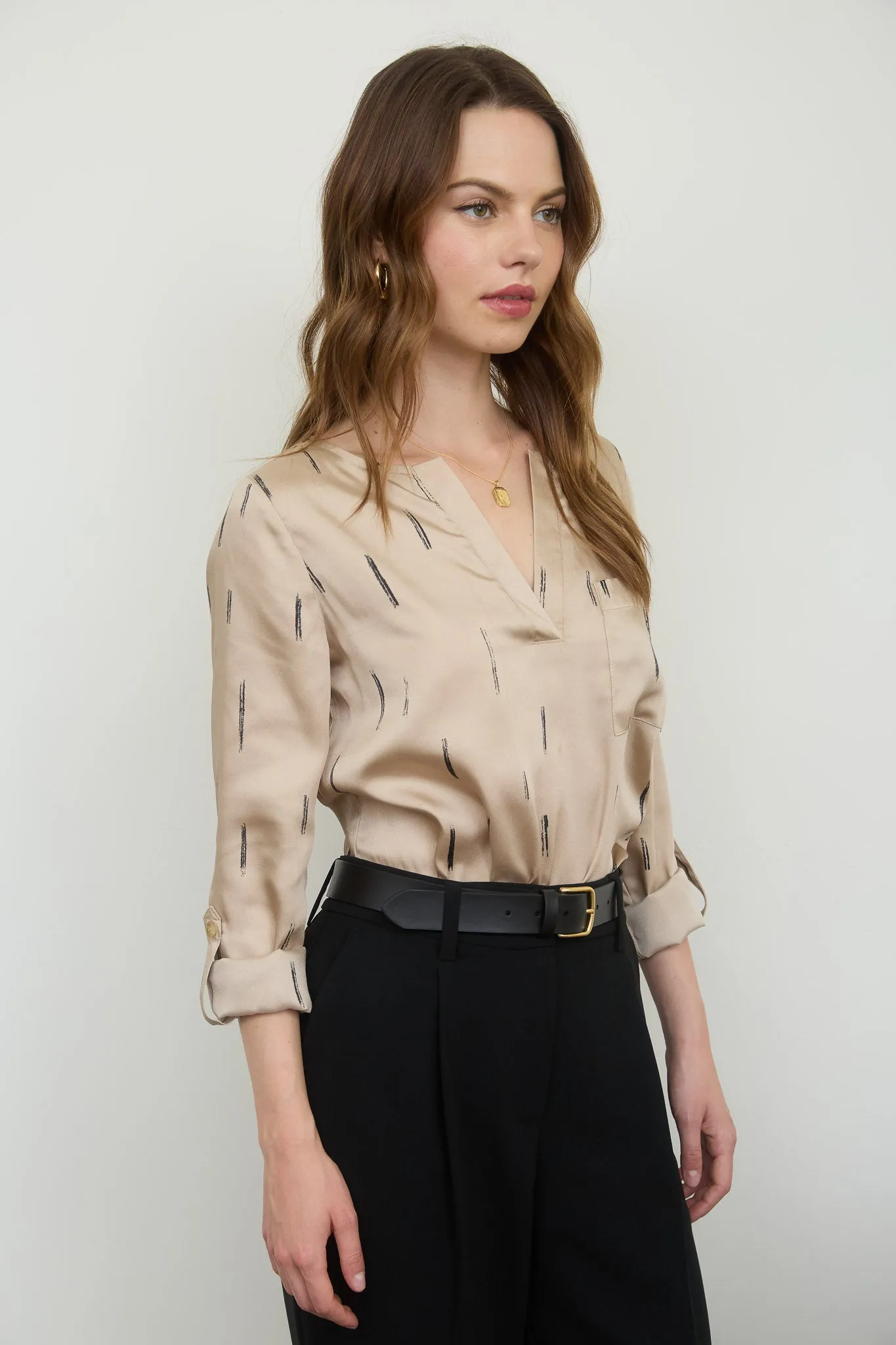 BRUSH STROKE PRINT 3/4 TAB SLEEVE SATIN TOP sold by Blu Pepper product image thumbnail 3