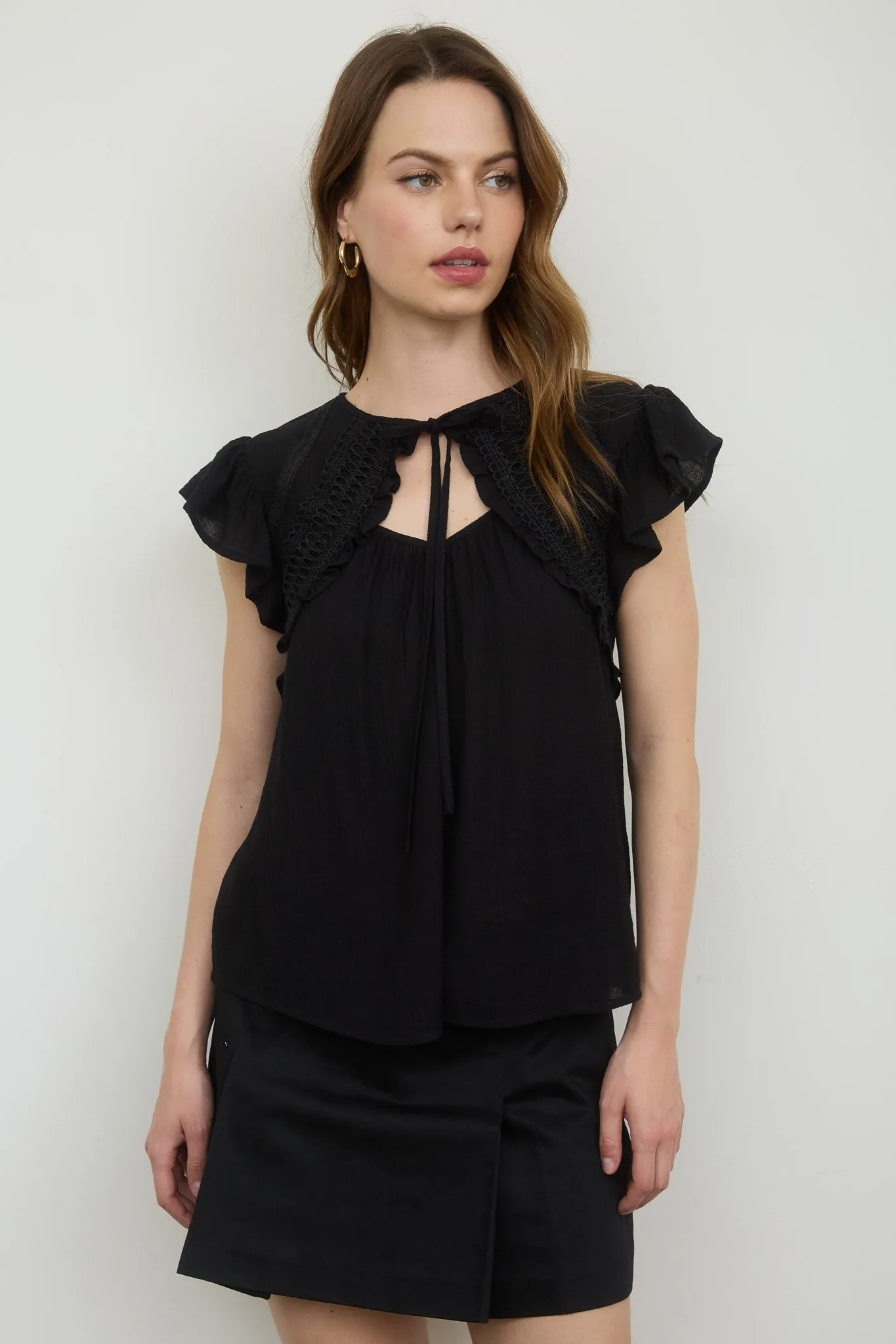 KEYHOLE NECK WITH TIE LACE TRIM SHORT SLEEVE TOP sold by Blu Pepper product image thumbnail 5