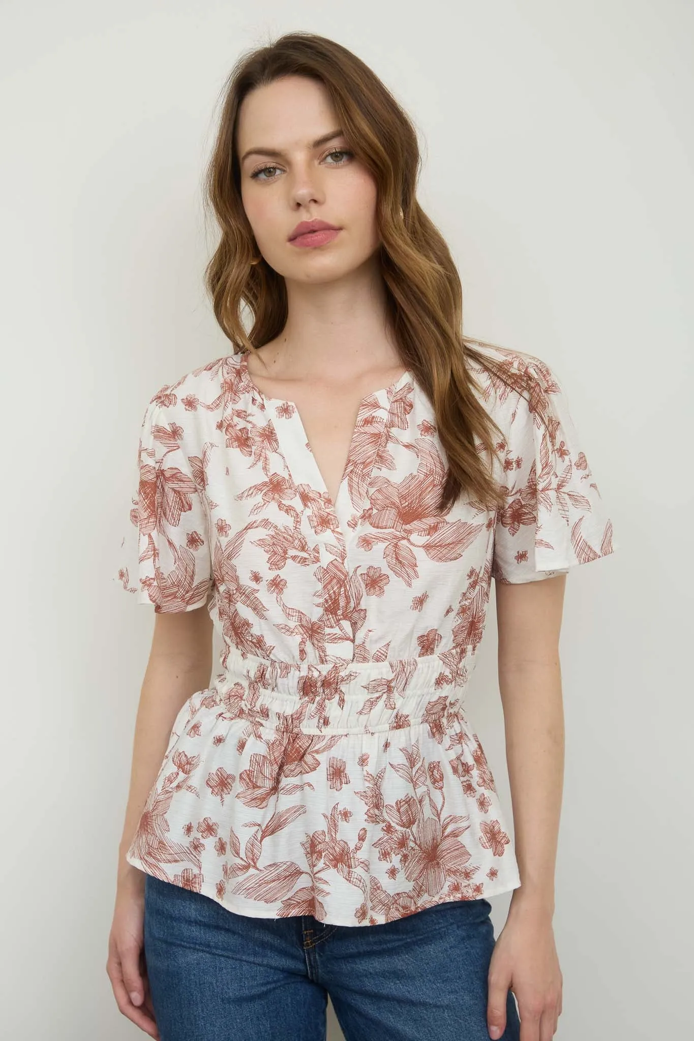 FLORAL SHIRRED WAIST SHORT BELL SLEEVE BLOUSE sold by Blu Pepper product image thumbnail 4