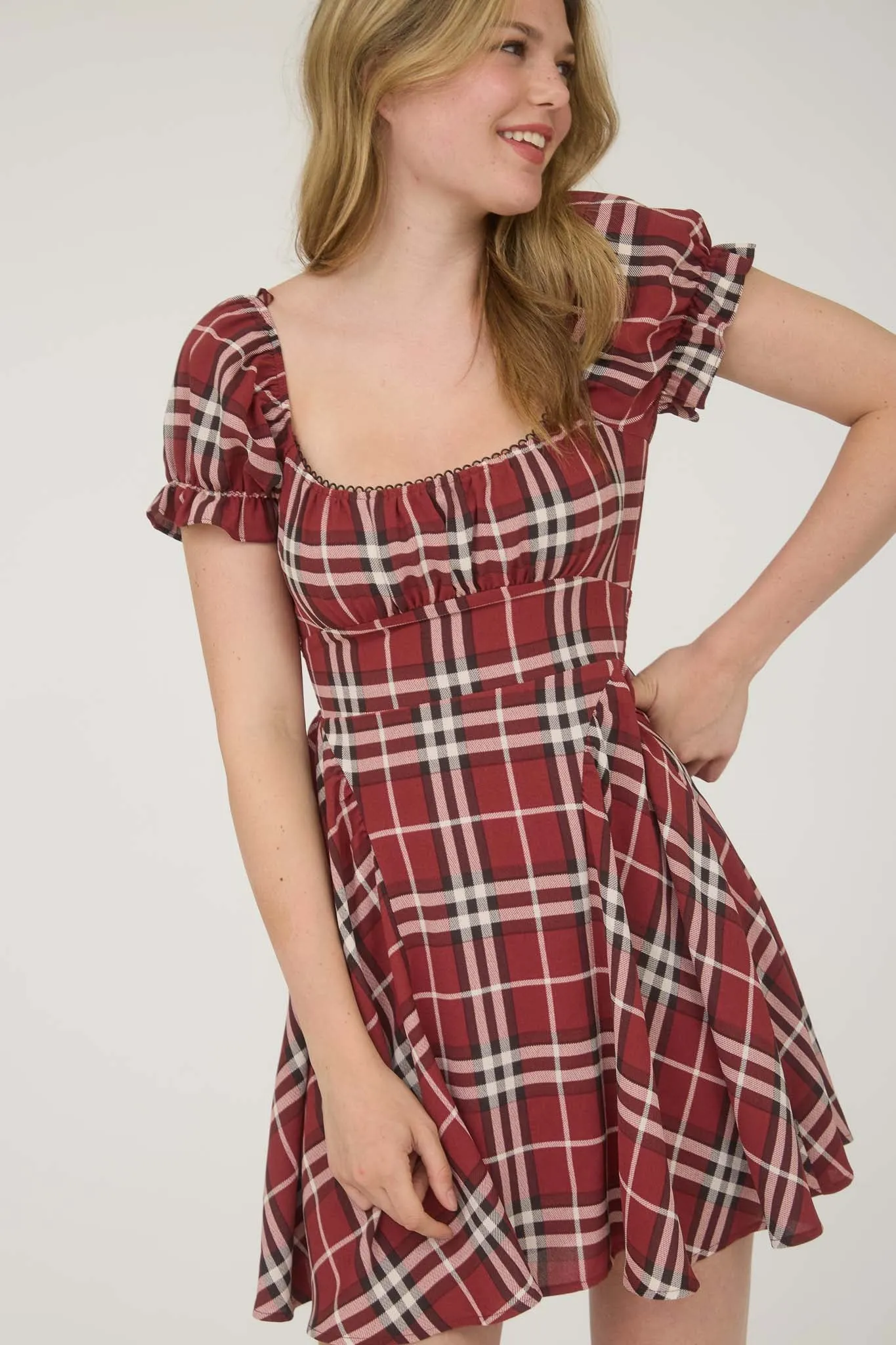 PLAID SHORT PUFF SLEEVE MINI DRESS sold by Blu Pepper