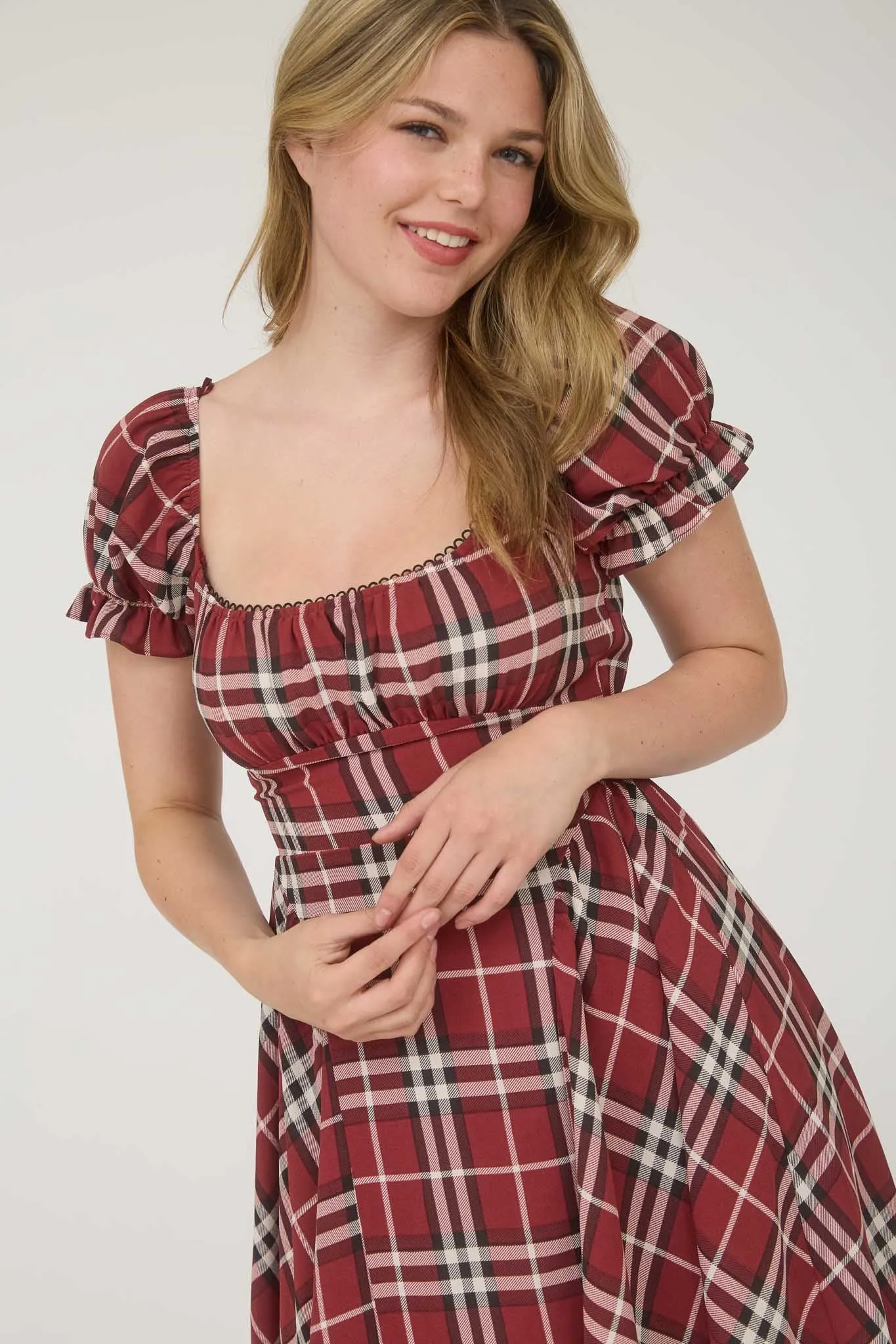 PLAID SHORT PUFF SLEEVE MINI DRESS sold by Blu Pepper product image thumbnail 3