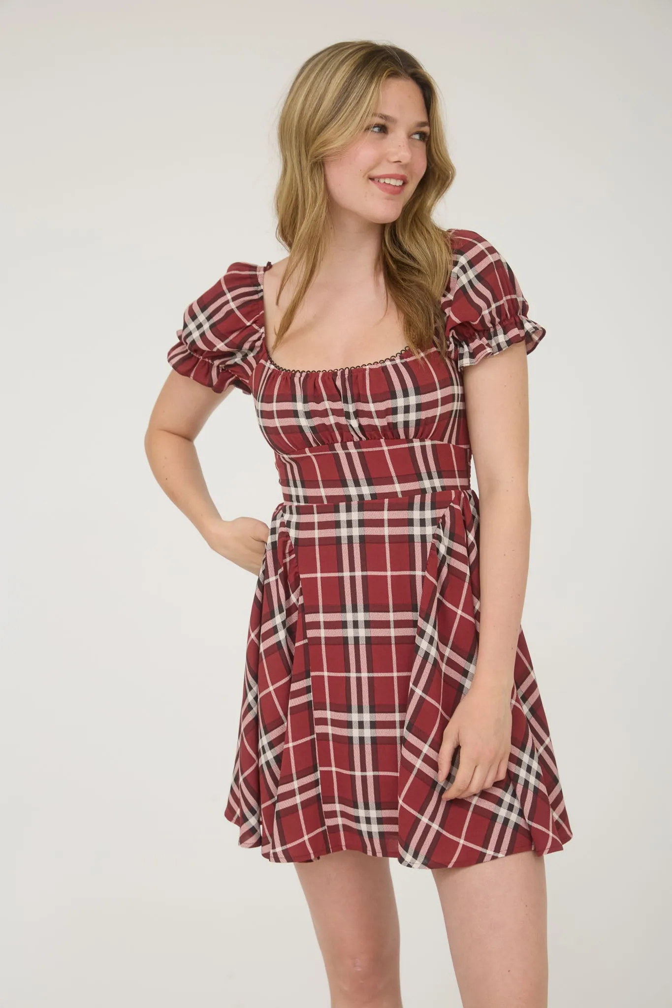 PLAID SHORT PUFF SLEEVE MINI DRESS sold by Blu Pepper product image thumbnail 5