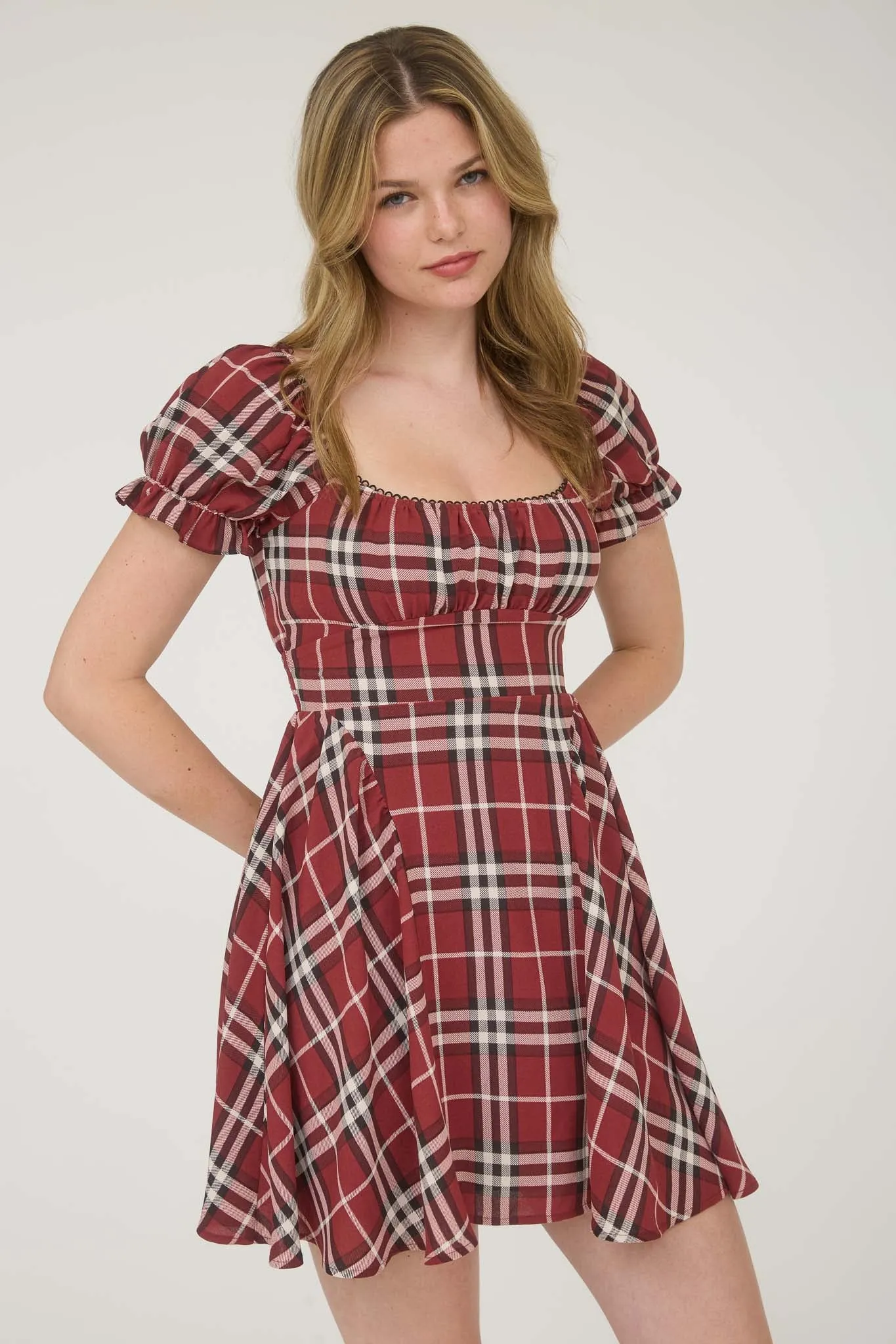 PLAID SHORT PUFF SLEEVE MINI DRESS sold by Blu Pepper product image thumbnail 4