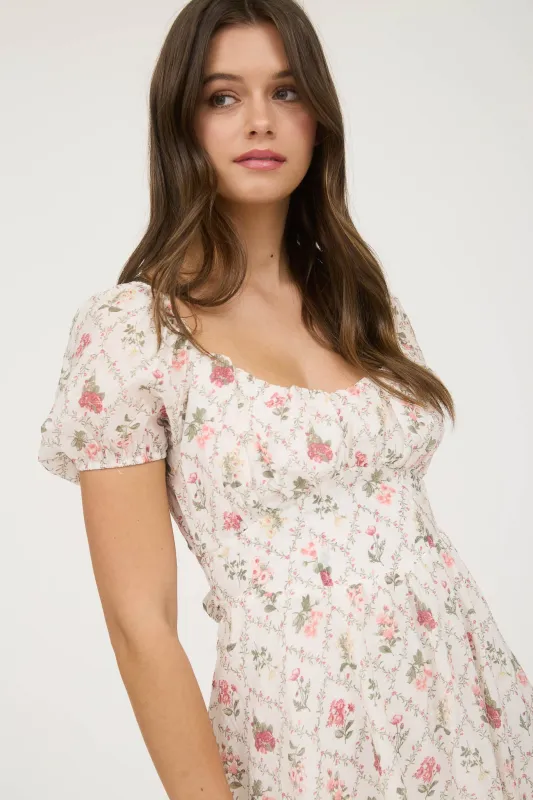 FLORAL CORSET DETAIL BACK TIE MINI DRESS sold by Blu Pepper