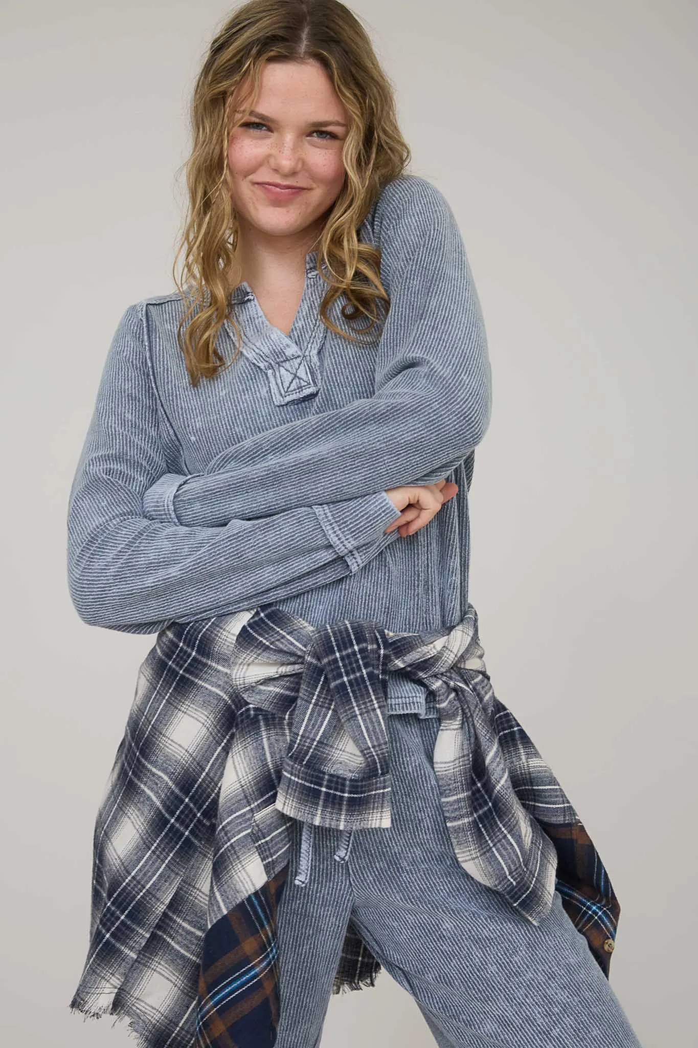 WASHED RIBBED SPLIT NECK LONG SLEEVE KNIT TOP sold by Blu Pepper