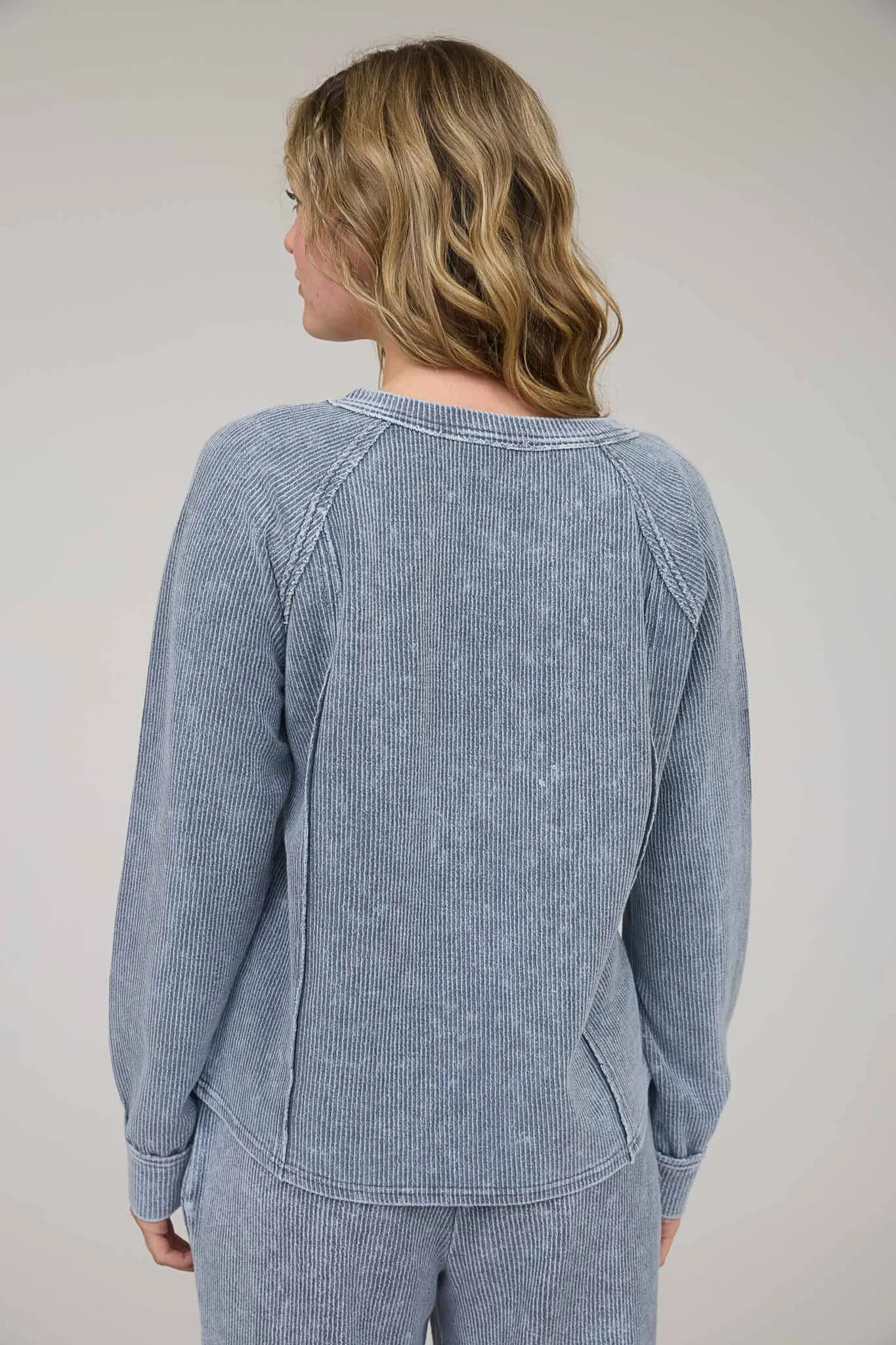 WASHED RIBBED SPLIT NECK LONG SLEEVE KNIT TOP sold by Blu Pepper product image thumbnail 2