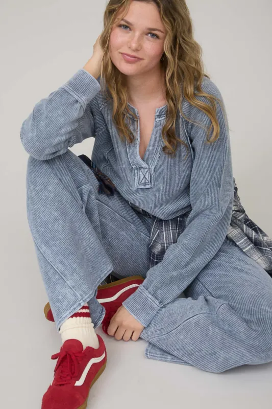 WASHED HIGH WAIST DRAWSTRING LOUNGE PANTS sold by Blu Pepper