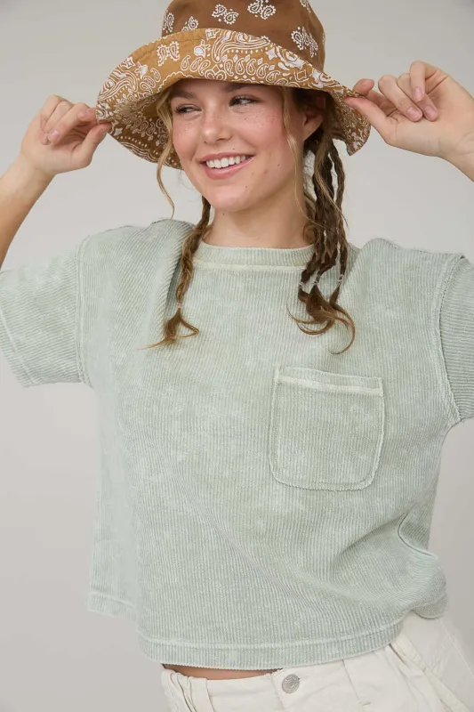 WASHED RIBBED SHORT SLEEVE TEE WITH POCKET (PRE-ORDER) sold by Blu Pepper
