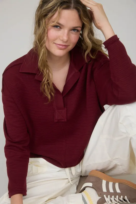 EXPOSED SEAM LONG SLEEVE TEXTURED KNIT POLO (PRE-ORDER) sold by Blu Pepper