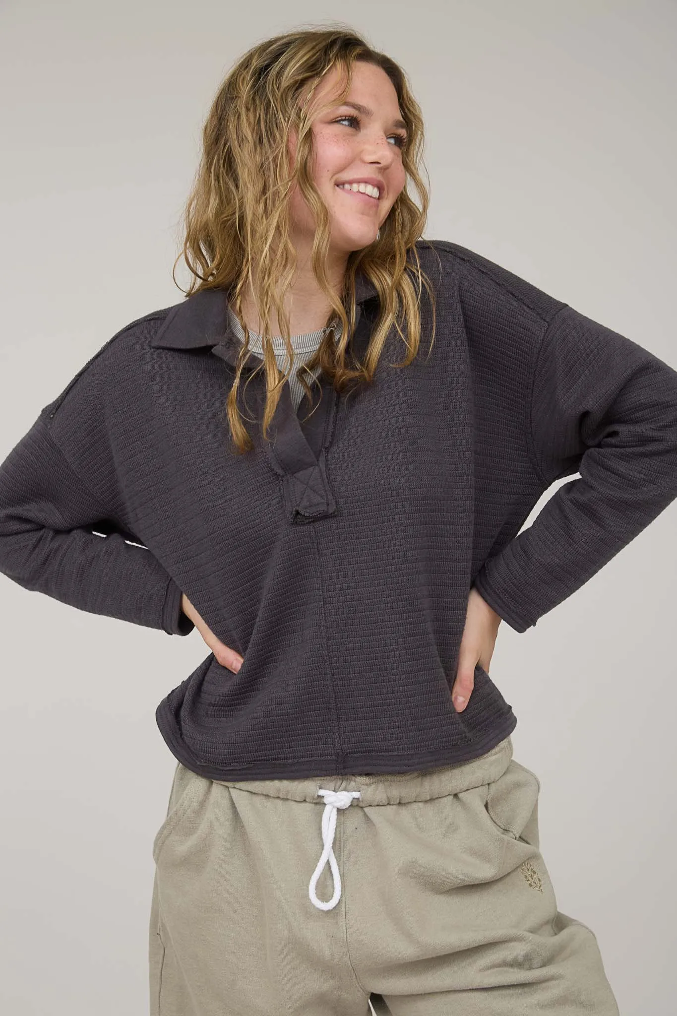 EXPOSED SEAM LONG SLEEVE TEXTURED KNIT POLO sold by Blu Pepper product image thumbnail 4