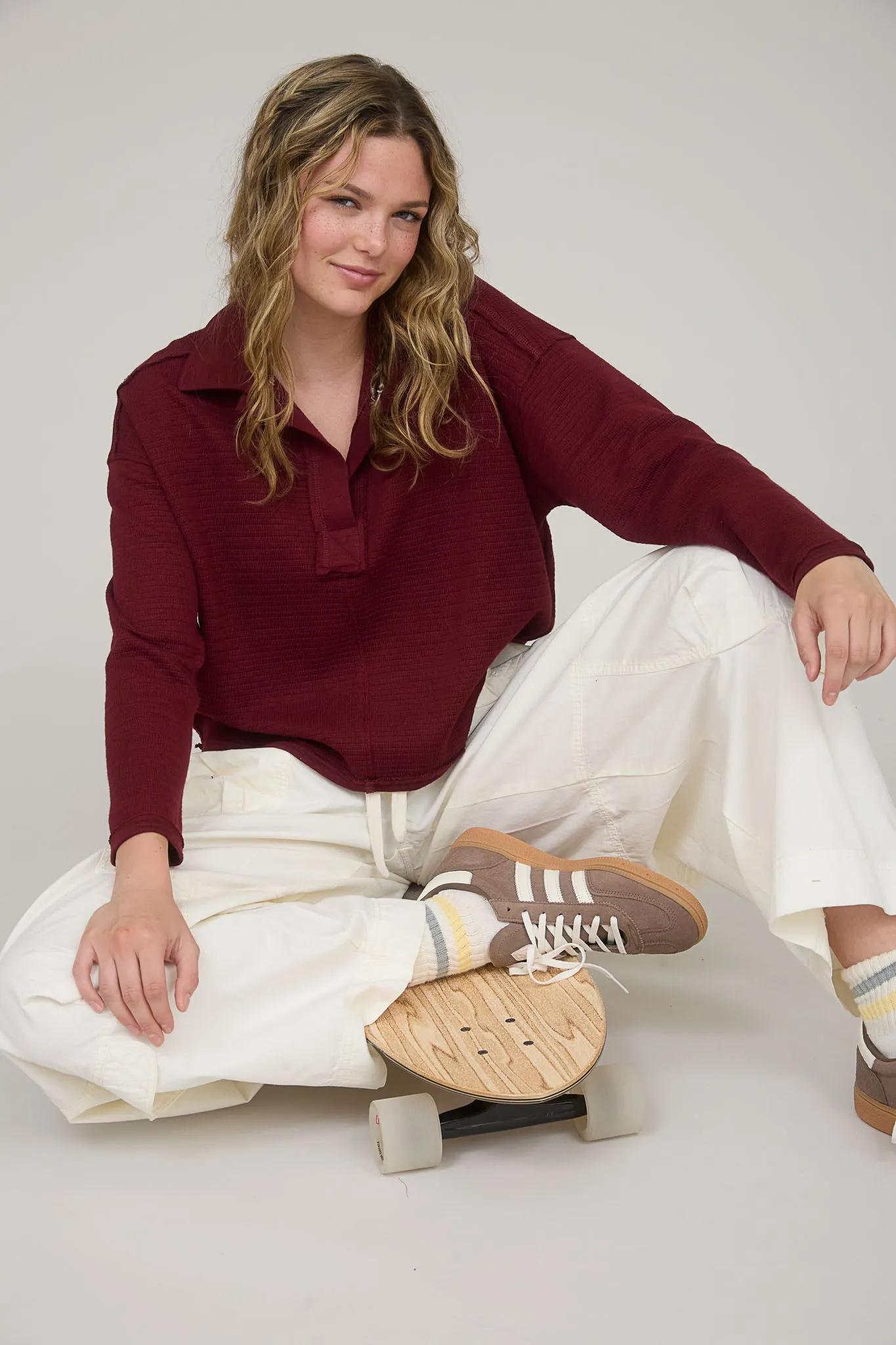 EXPOSED SEAM LONG SLEEVE TEXTURED KNIT POLO sold by Blu Pepper product image thumbnail 5