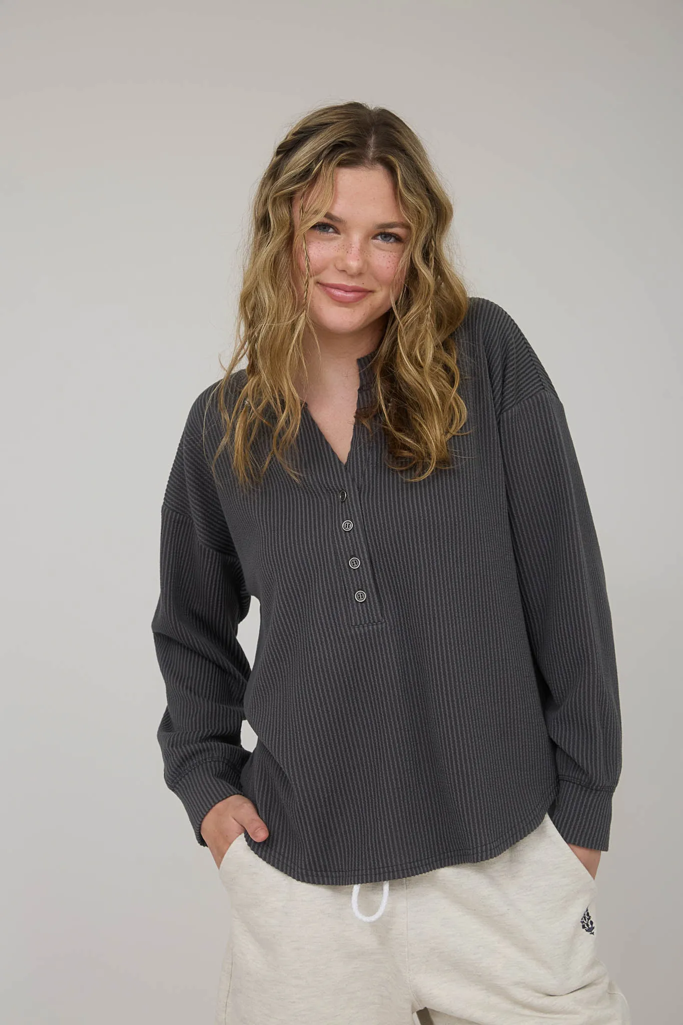 WASHED RIBBED LONG SLEEVE HENLEY KNIT TOP sold by Blu Pepper product image thumbnail 4