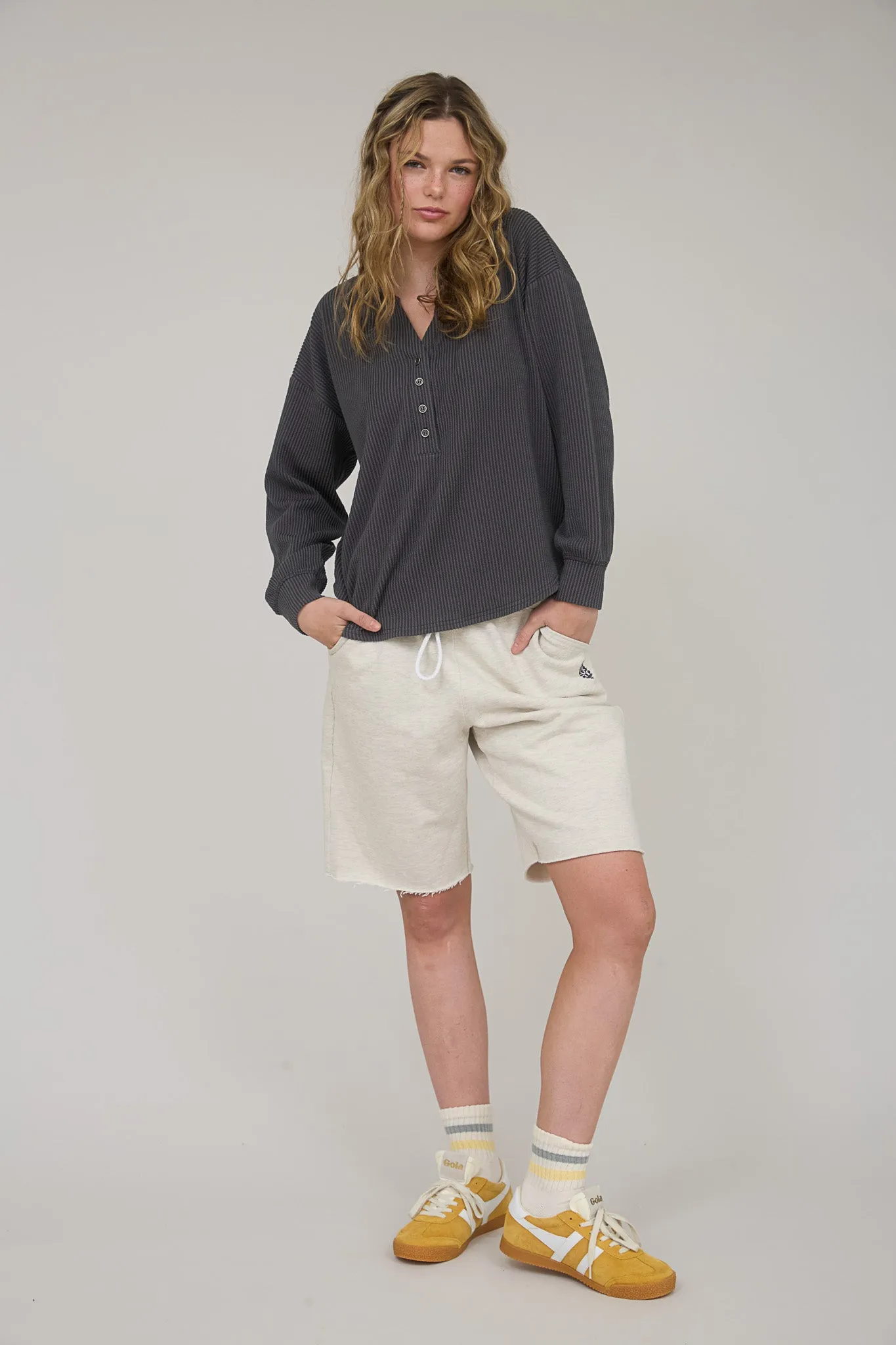 WASHED RIBBED LONG SLEEVE HENLEY KNIT TOP sold by Blu Pepper product image thumbnail 5