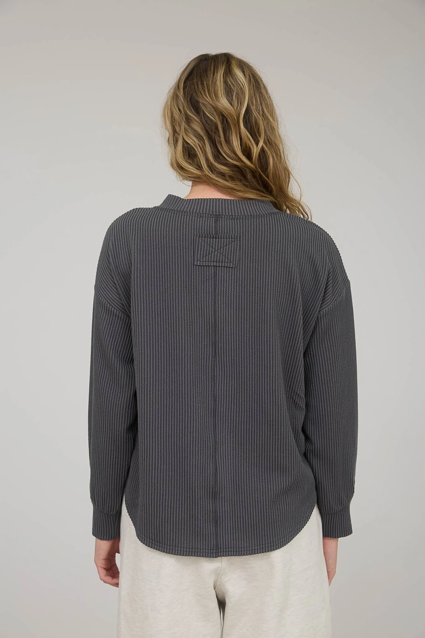 WASHED RIBBED LONG SLEEVE HENLEY KNIT TOP sold by Blu Pepper product image thumbnail 2
