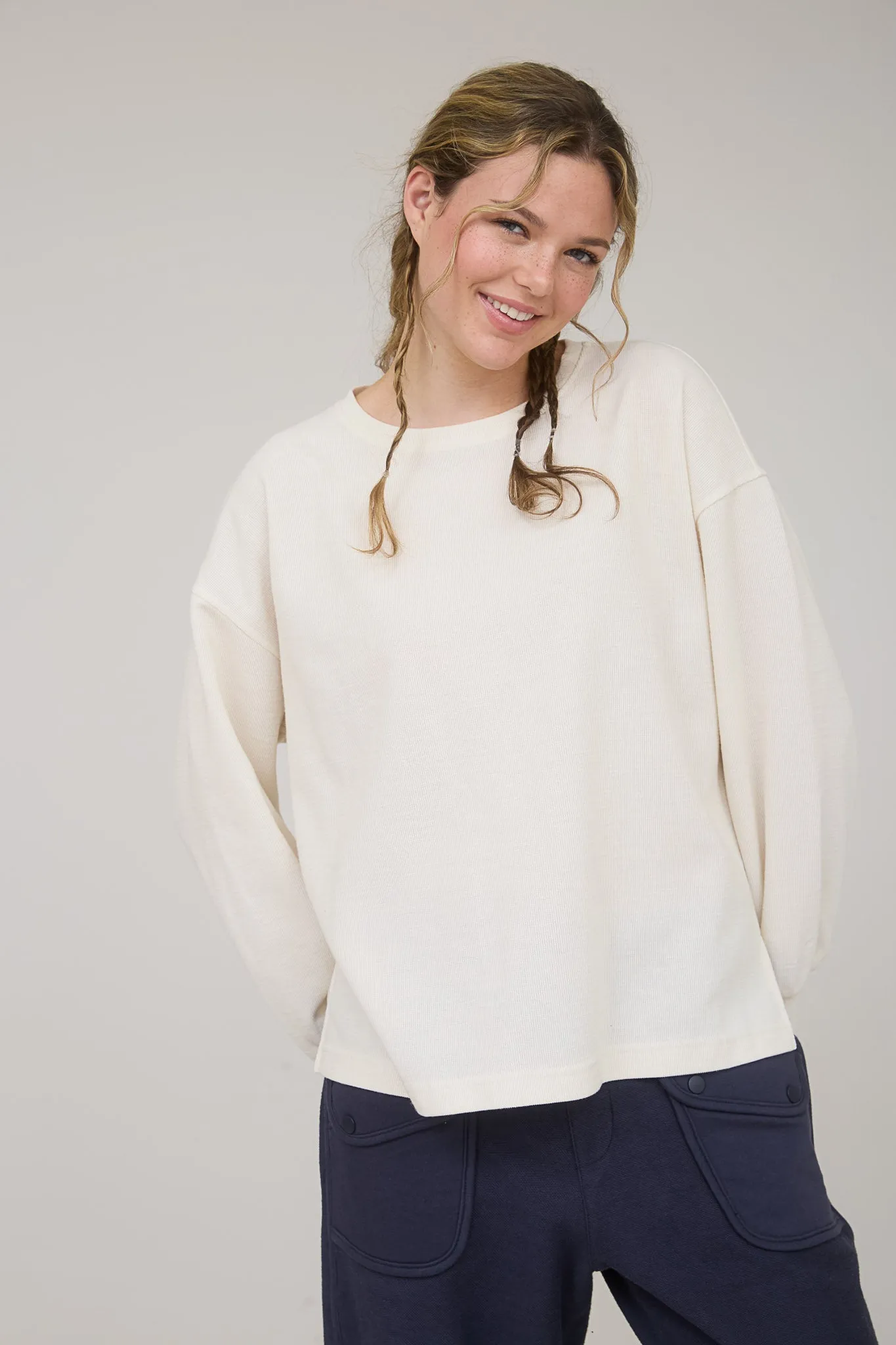 ROUND NECK DROP SHOULDER RAW EDGE MARLED KNIT TOP sold by Blu Pepper product image thumbnail 4