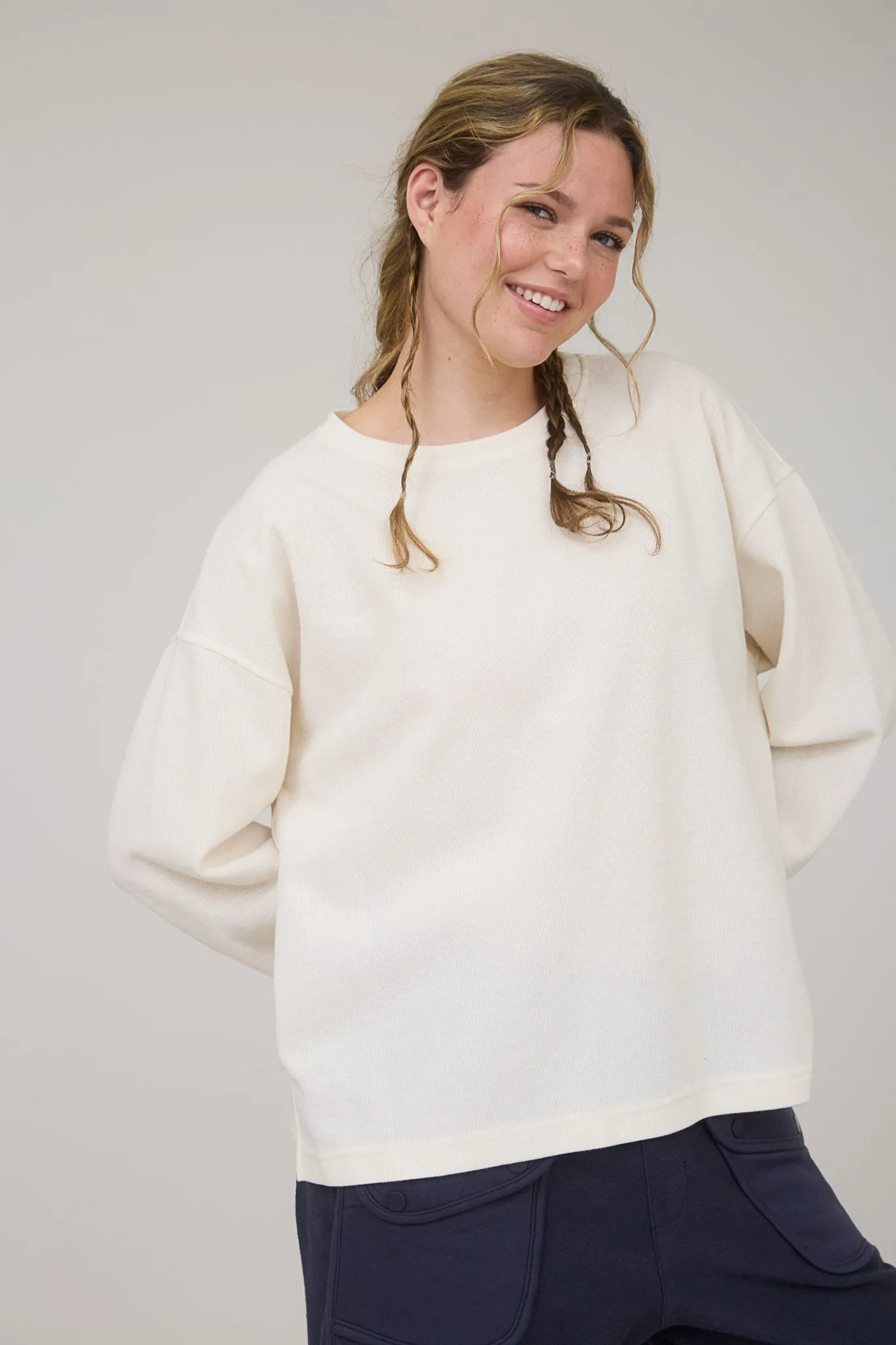 ROUND NECK DROP SHOULDER RAW EDGE MARLED KNIT TOP sold by Blu Pepper product image thumbnail 3