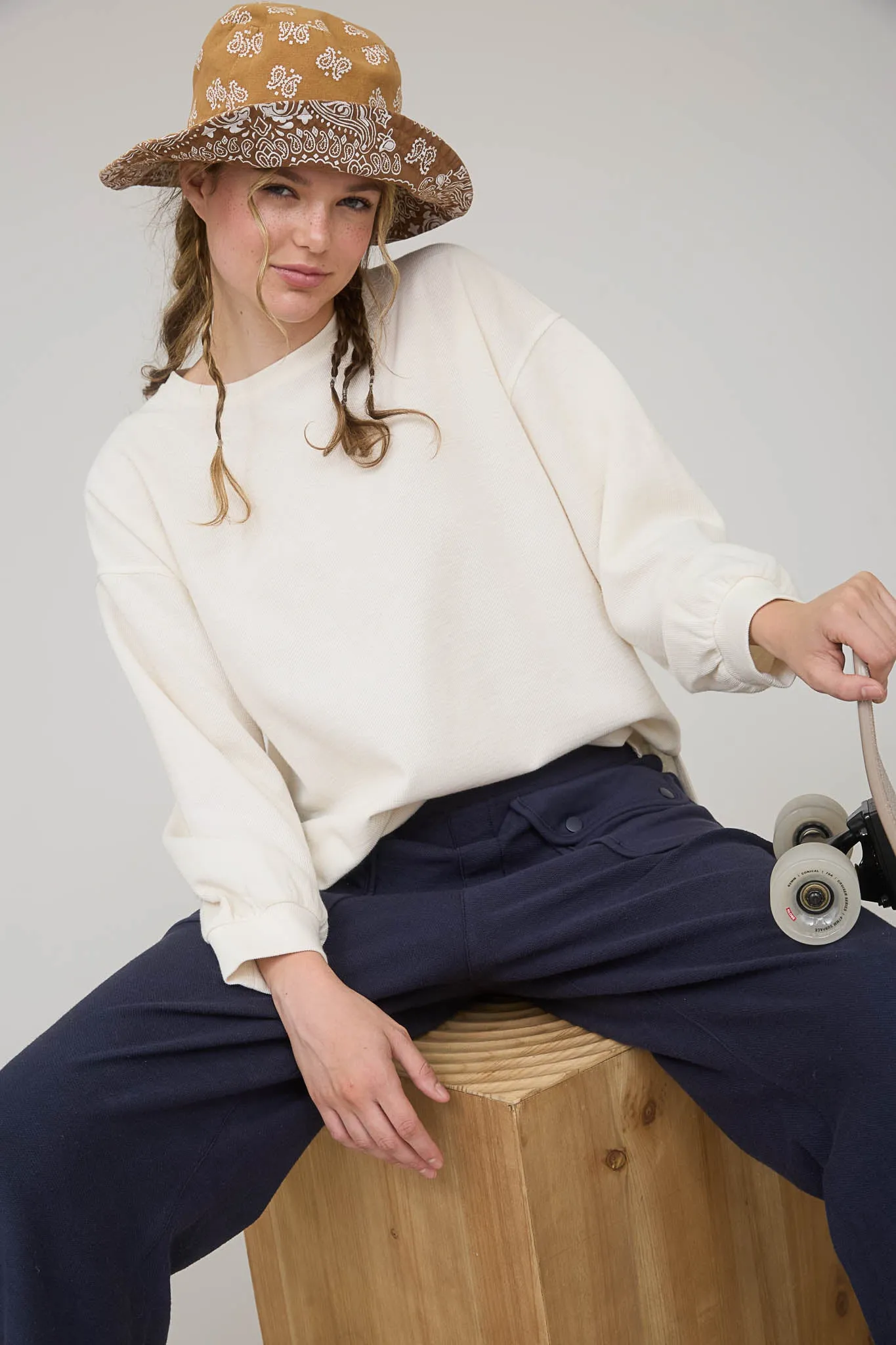 ROUND NECK DROP SHOULDER RAW EDGE MARLED KNIT TOP sold by Blu Pepper