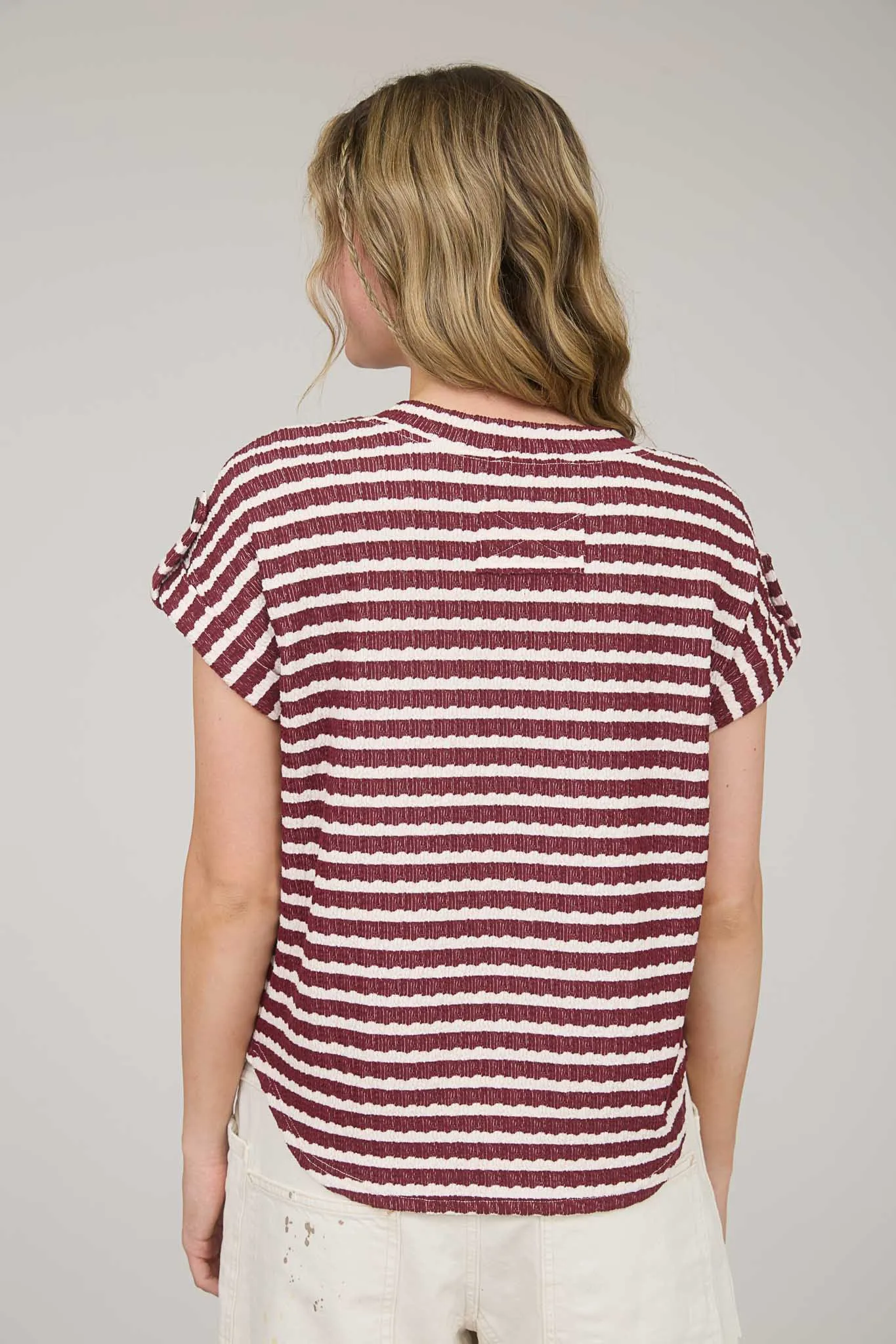 STRIPE TEXTURED KNIT SHORT TAB SLEEVE KNIT TOP sold by Blu Pepper product image thumbnail 2
