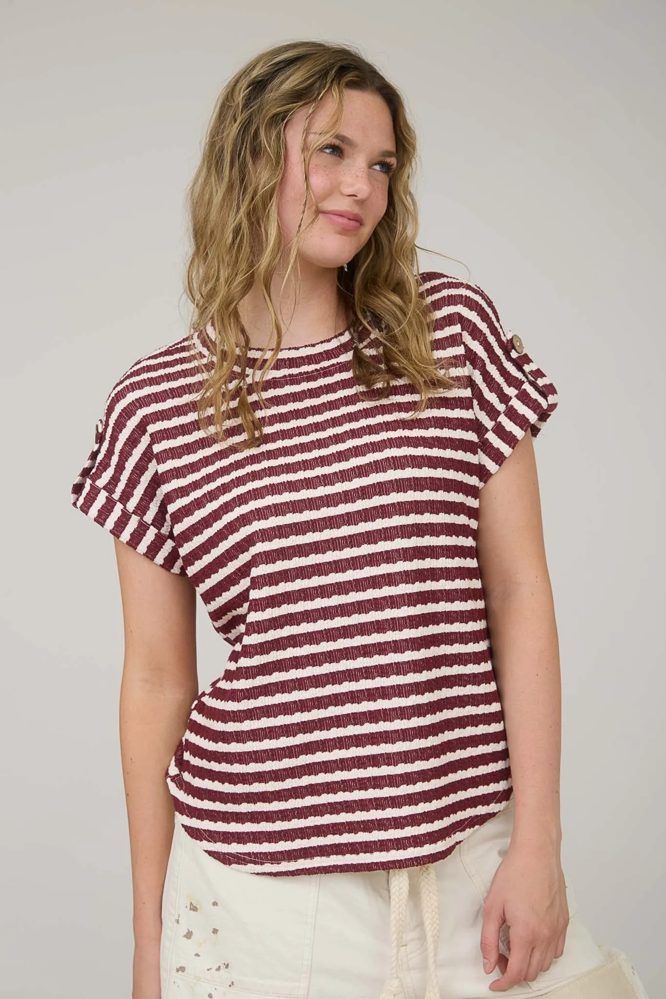 STRIPE TEXTURED KNIT SHORT TAB SLEEVE KNIT TOP sold by Blu Pepper product image thumbnail 3